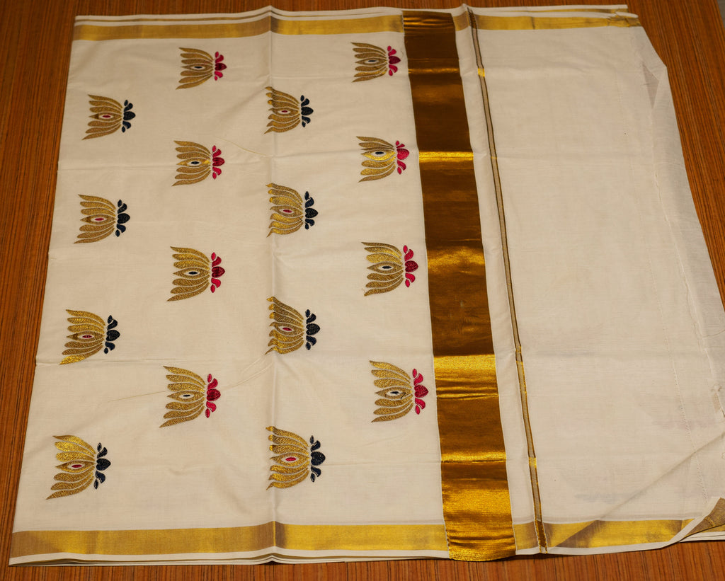 Traditional Kerala Kasavu Set Saree with Embroidery Motif Work | Off-White Cotton Blend Saree with Golden Kasavu Border
