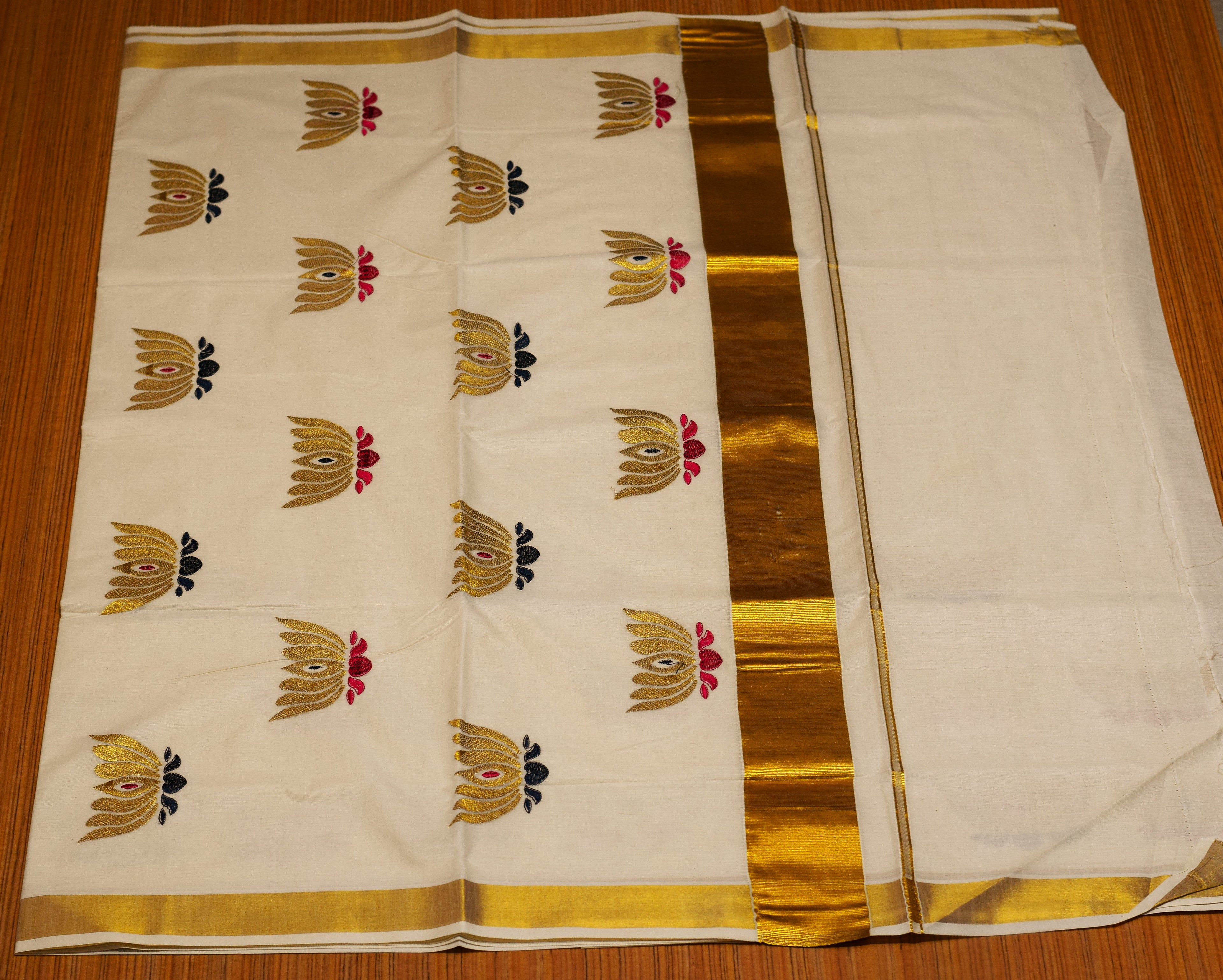 Traditional Kerala Kasavu Set Saree with Embroidery Motif Work | Off-White Cotton Blend Saree with Golden Kasavu Border