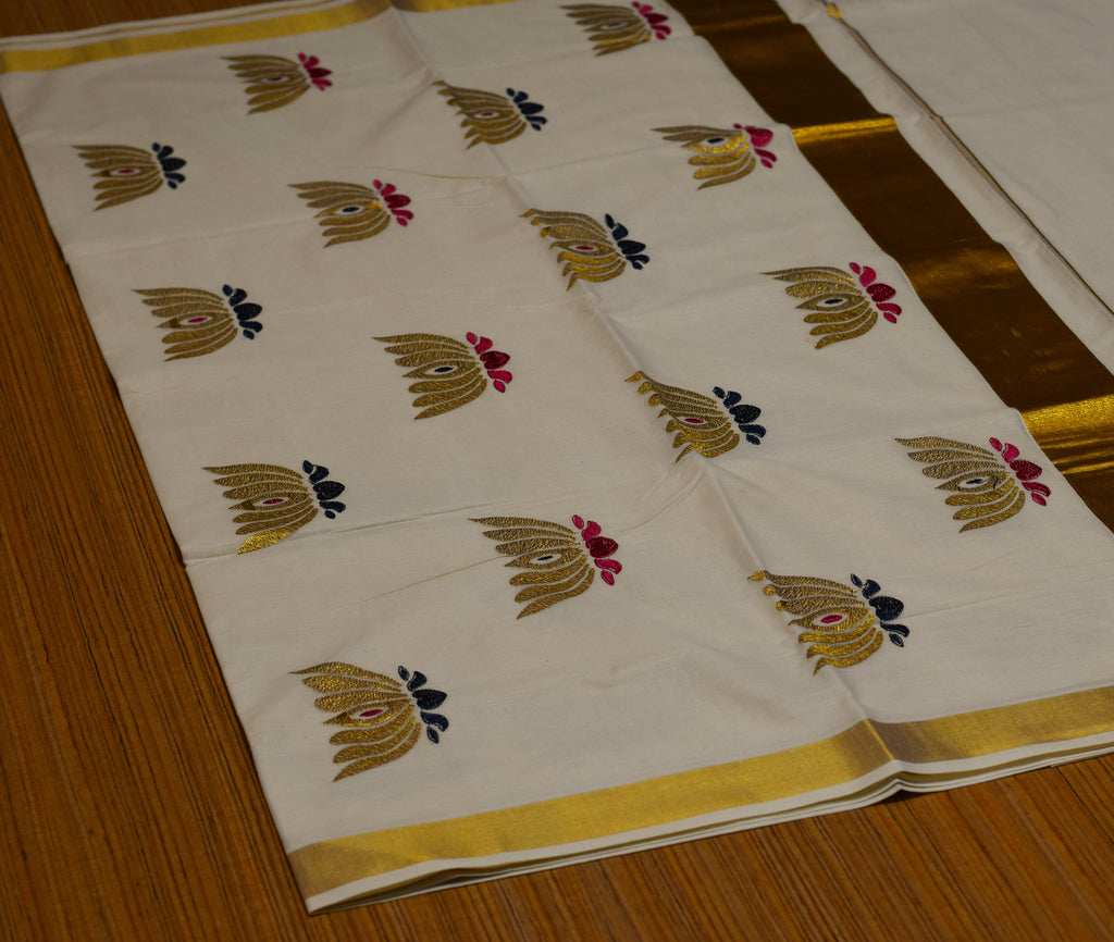 Traditional Kerala Kasavu Set Saree with Embroidery Motif Work | Off-White Cotton Blend Saree with Golden Kasavu Border