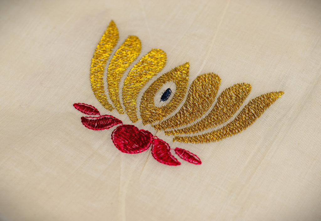 Traditional Kerala Kasavu Set Saree with Embroidery Motif Work | Off-White Cotton Blend Saree with Golden Kasavu Border