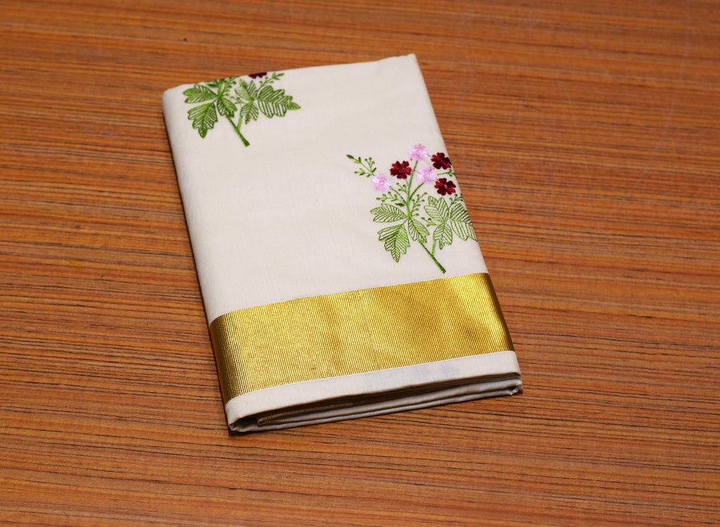 Traditional Kerala Kasavu Set Saree with Floral Embroidery Motif Work | Off-White Cotton Blend Saree with Golden Kasavu Border