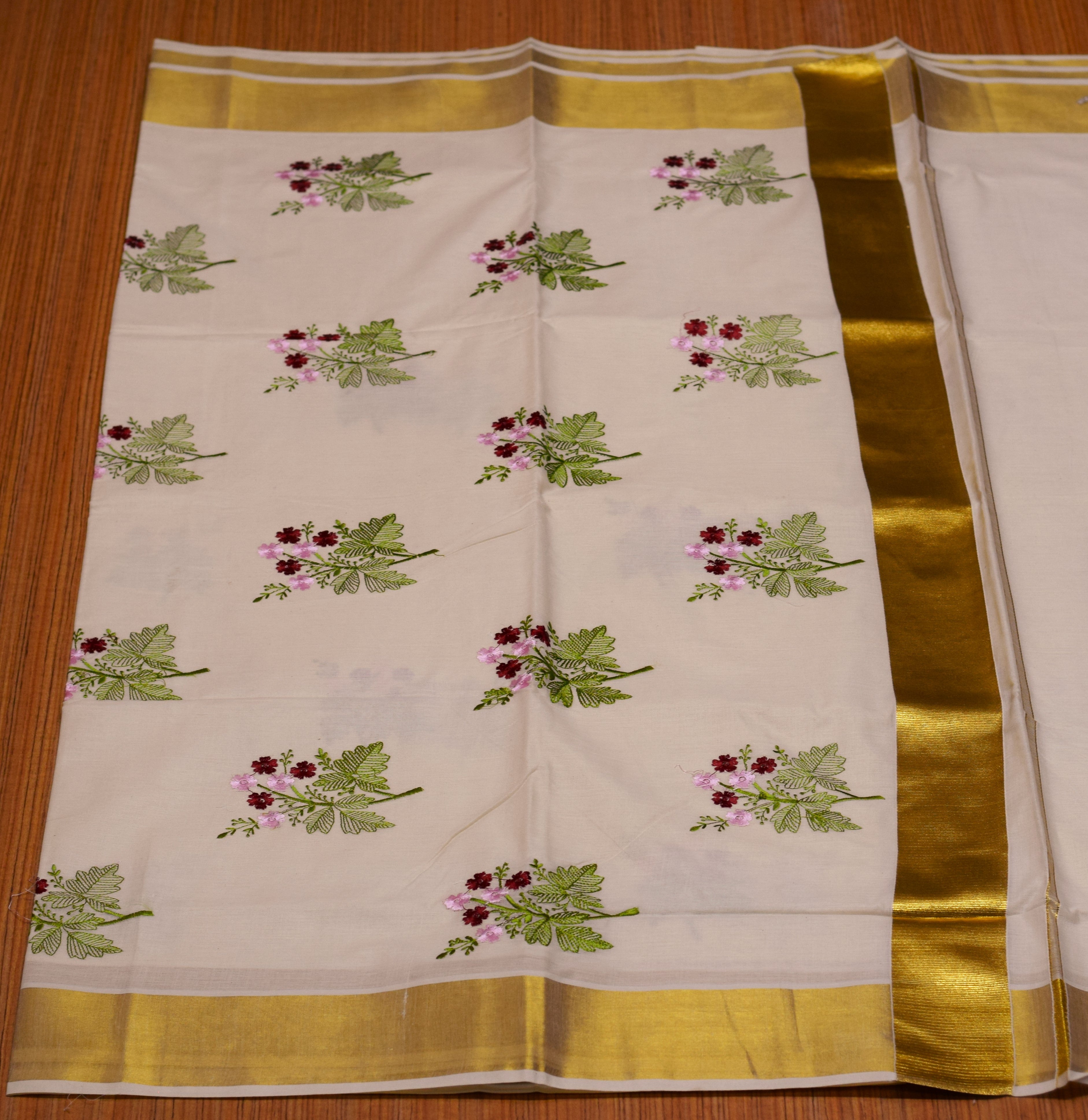 Traditional Kerala Kasavu Set Saree with Floral Embroidery Motif Work | Off-White Cotton Blend Saree with Golden Kasavu Border