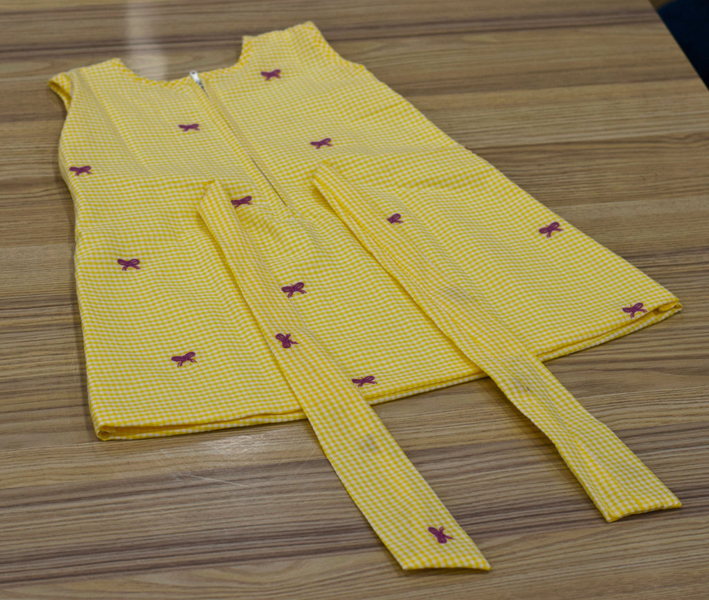 Yellow Cotton Checkered Baby Girl Frock with Bow Detail