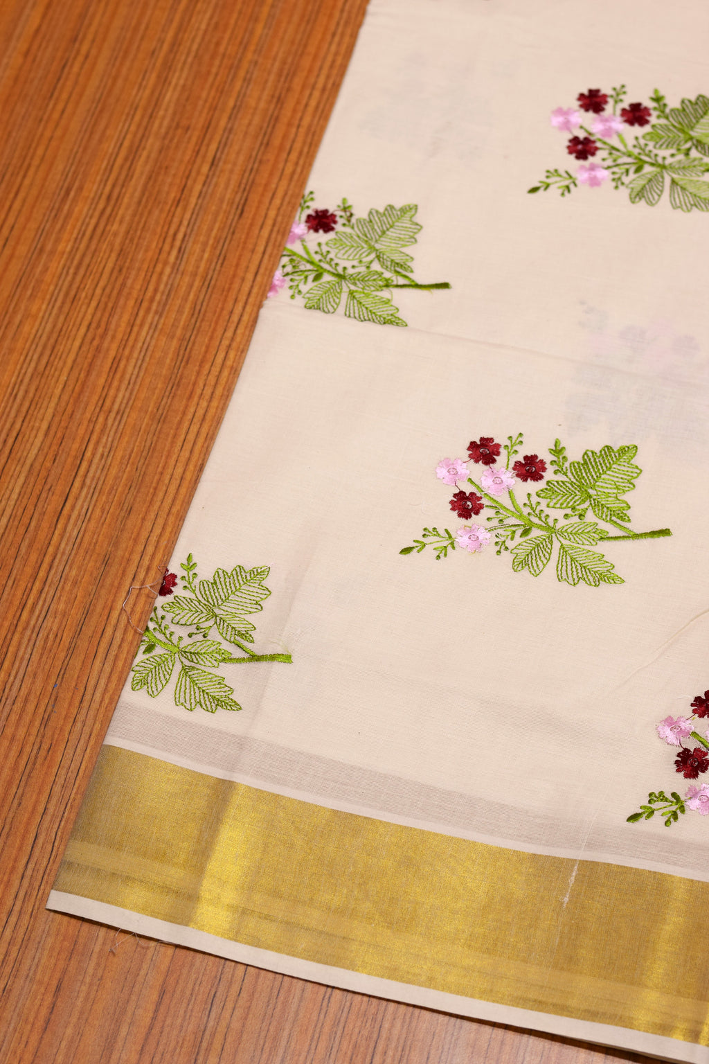 Traditional Kerala Kasavu Set Saree with Floral Embroidery Motif Work | Off-White Cotton Blend Saree with Golden Kasavu Border