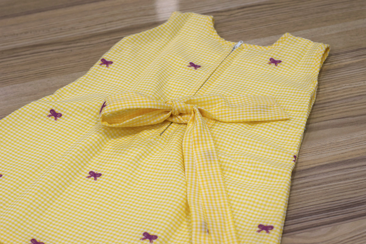 Yellow Cotton Checkered Baby Girl Frock with Bow Detail