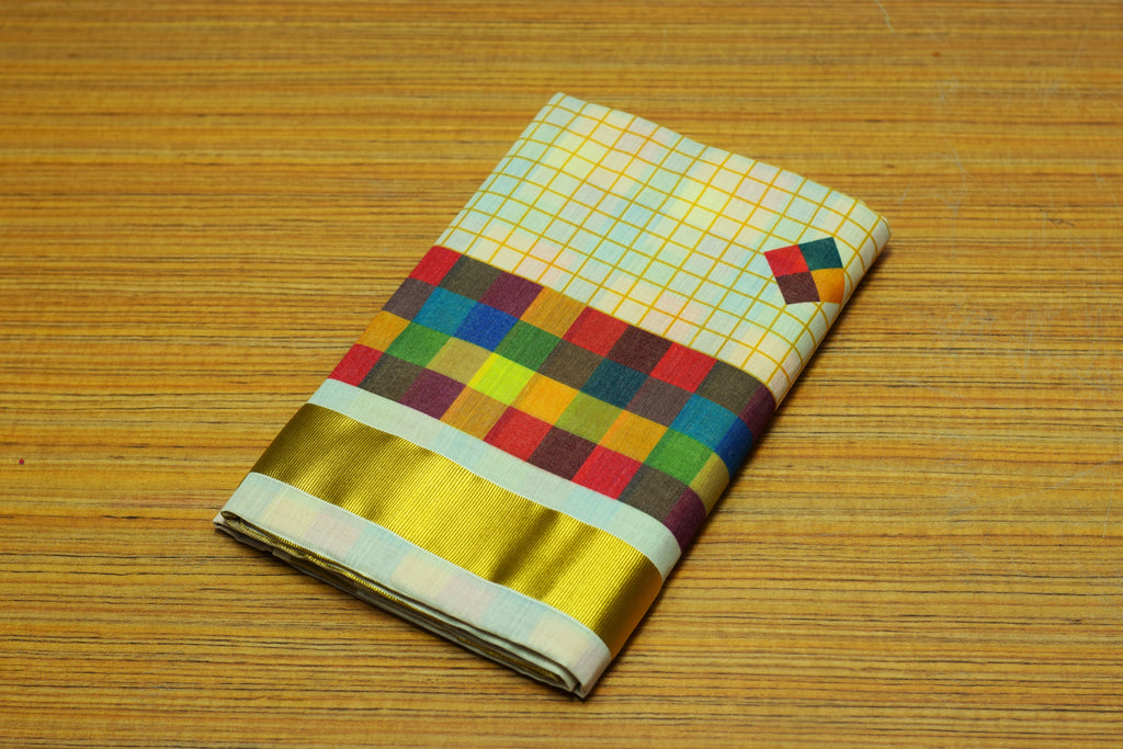 Traditional Kerala Kasavu Set Saree with Multicolor Checked Border | Off-White Cotton Blend Saree with Golden Kasavu Border