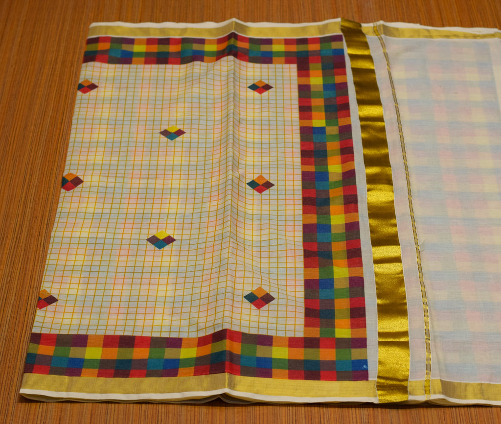 Traditional Kerala Kasavu Set Saree with Multicolor Checked Border | Off-White Cotton Blend Saree with Golden Kasavu Border