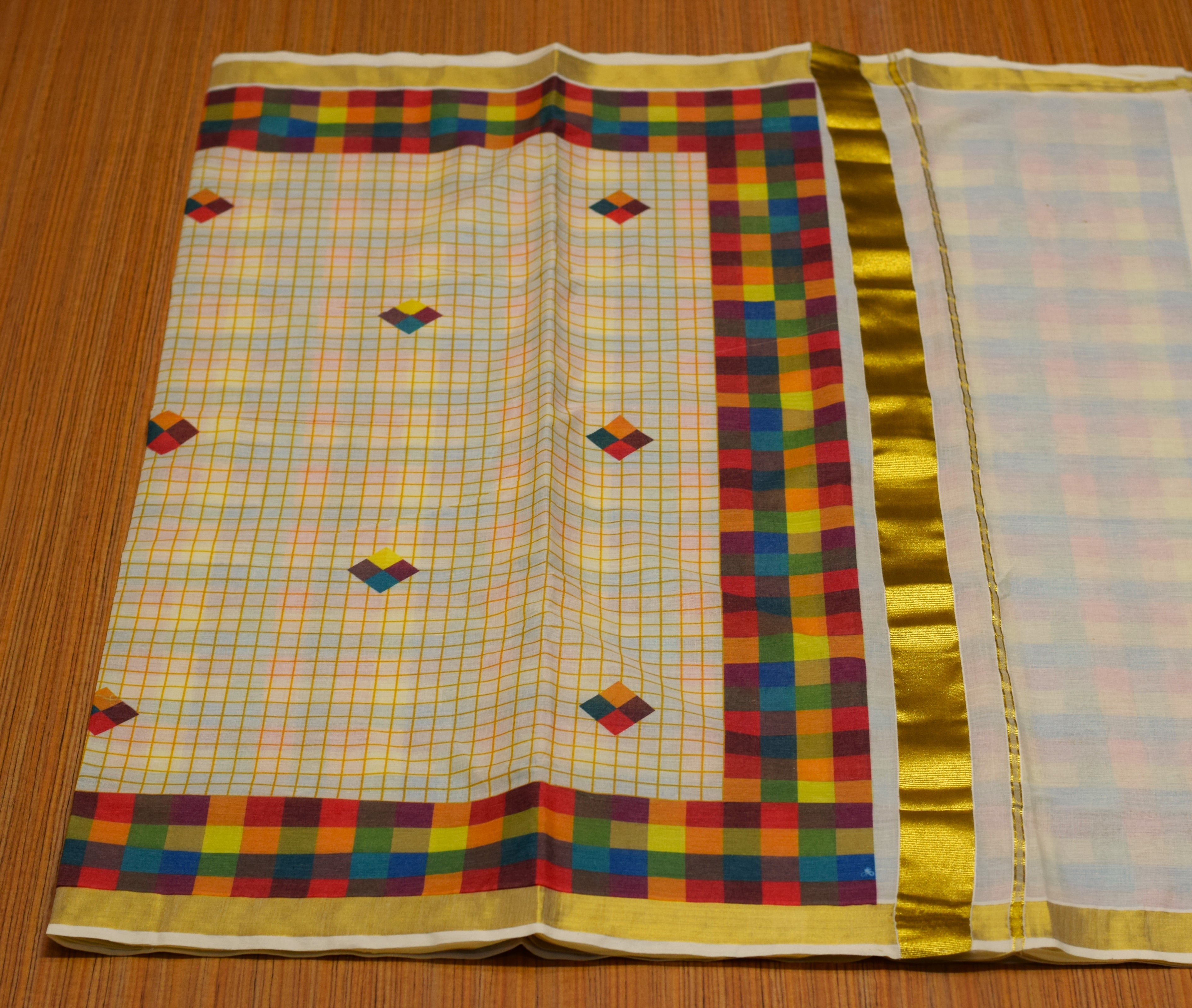 Traditional Kerala Kasavu Set Saree with Multicolor Checked Border | Off-White Cotton Blend Saree with Golden Kasavu Border