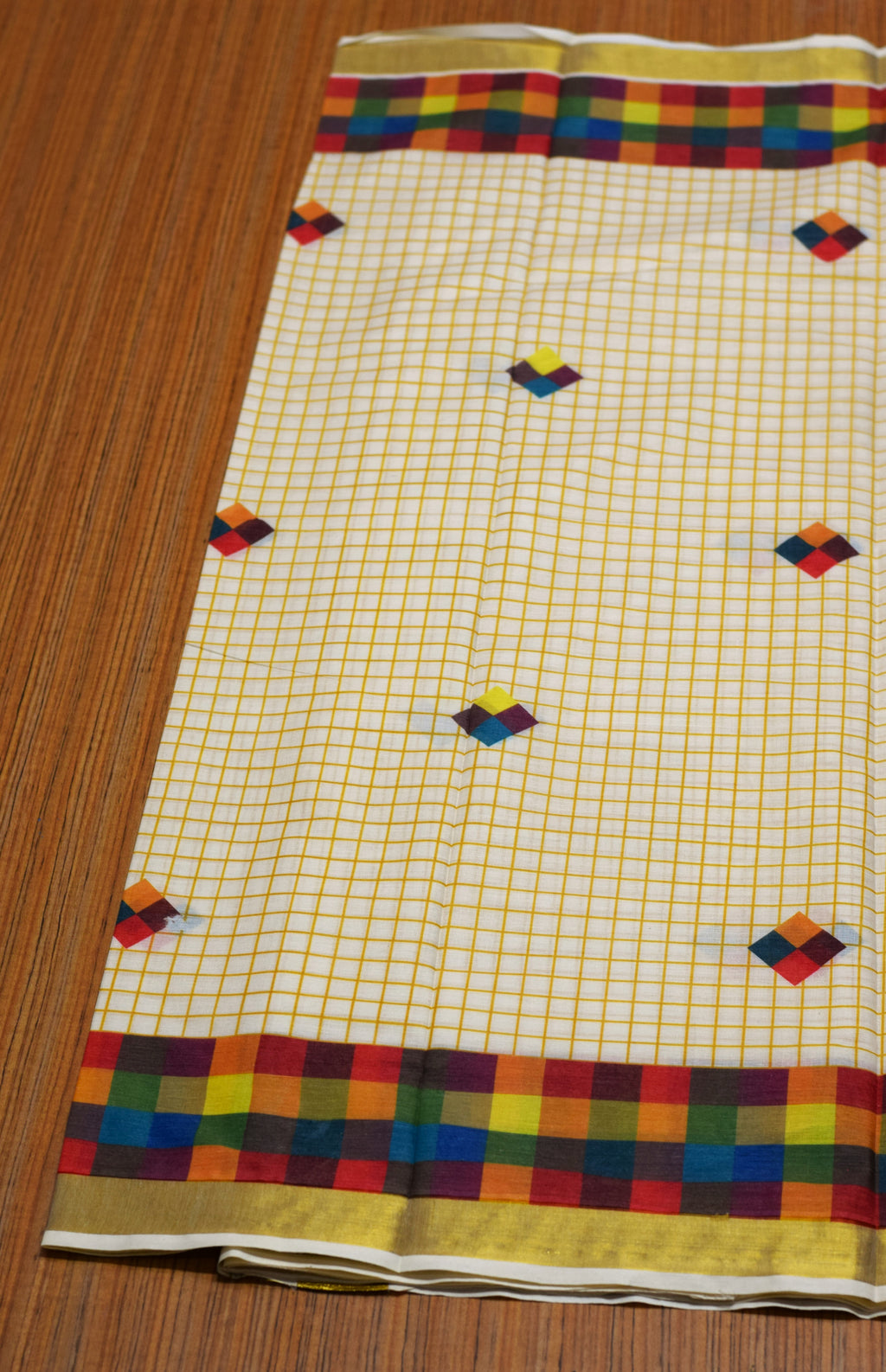 Traditional Kerala Kasavu Set Saree with Multicolor Checked Border | Off-White Cotton Blend Saree with Golden Kasavu Border