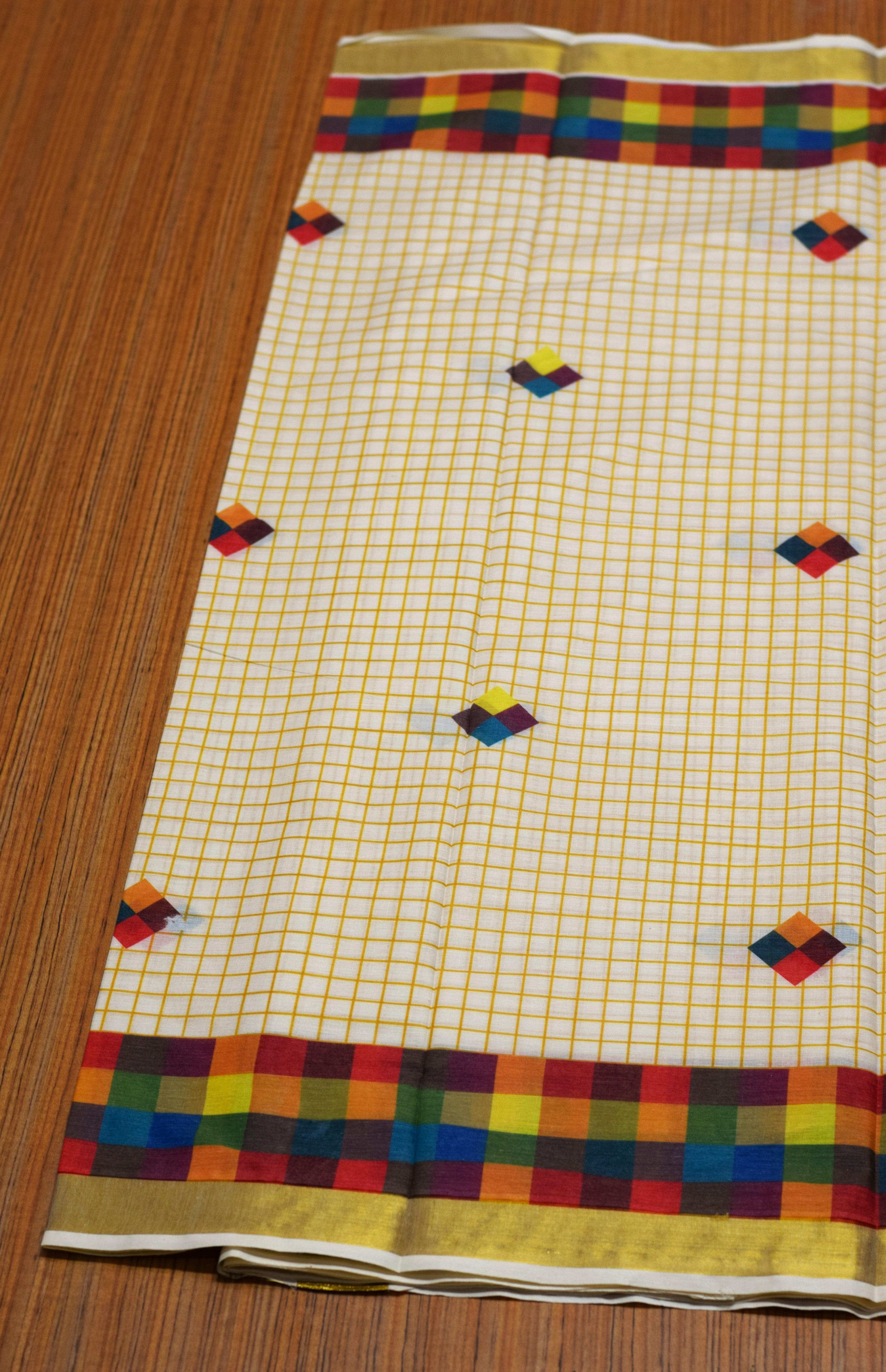 Traditional Kerala Kasavu Set Saree with Multicolor Checked Border | Off-White Cotton Blend Saree with Golden Kasavu Border