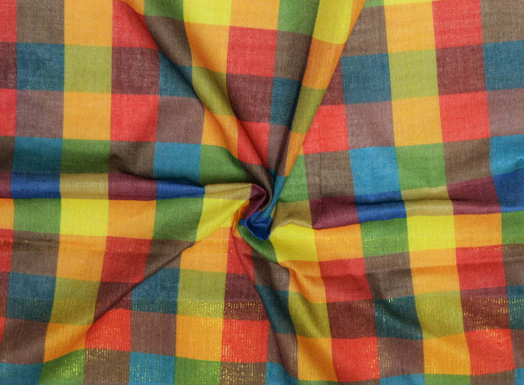 Traditional Kerala Kasavu Set Saree with Multicolor Checked Border | Off-White Cotton Blend Saree with Golden Kasavu Border