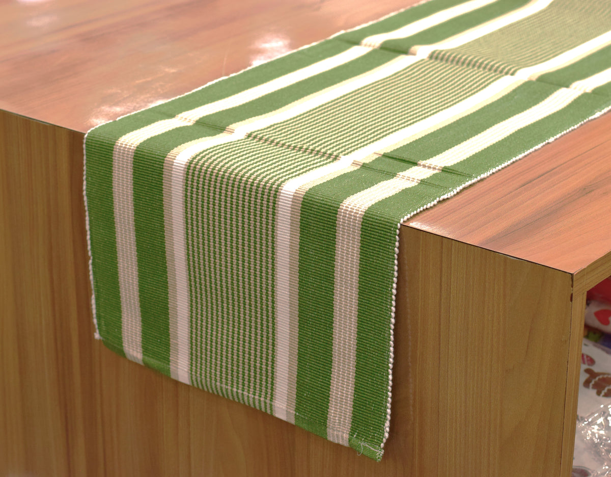 Green & Cream Striped Table Runner – 120 × 35 cm