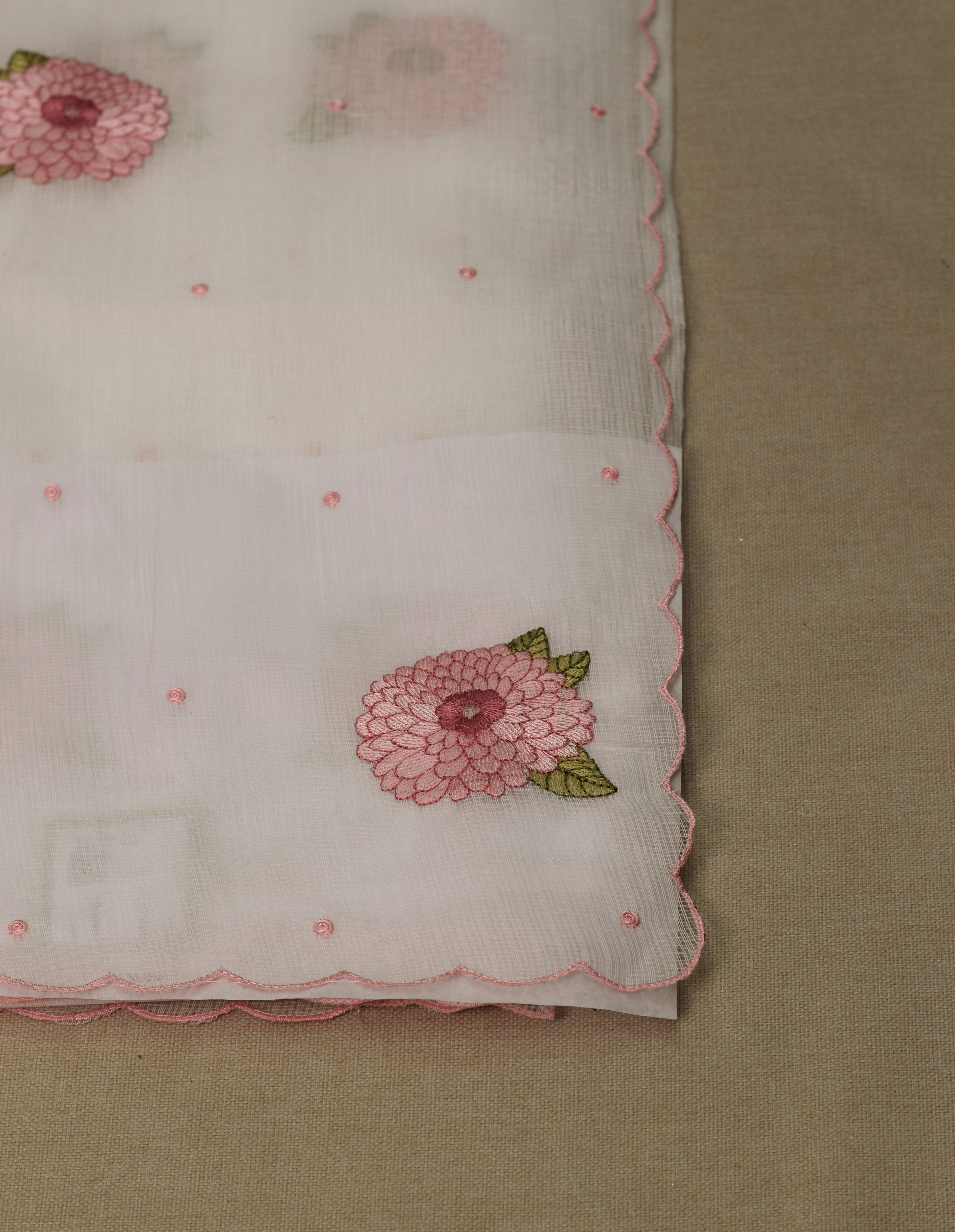 Elegant Floral Embroidered Net Kota Saree with Scalloped Border & Blouse Piece