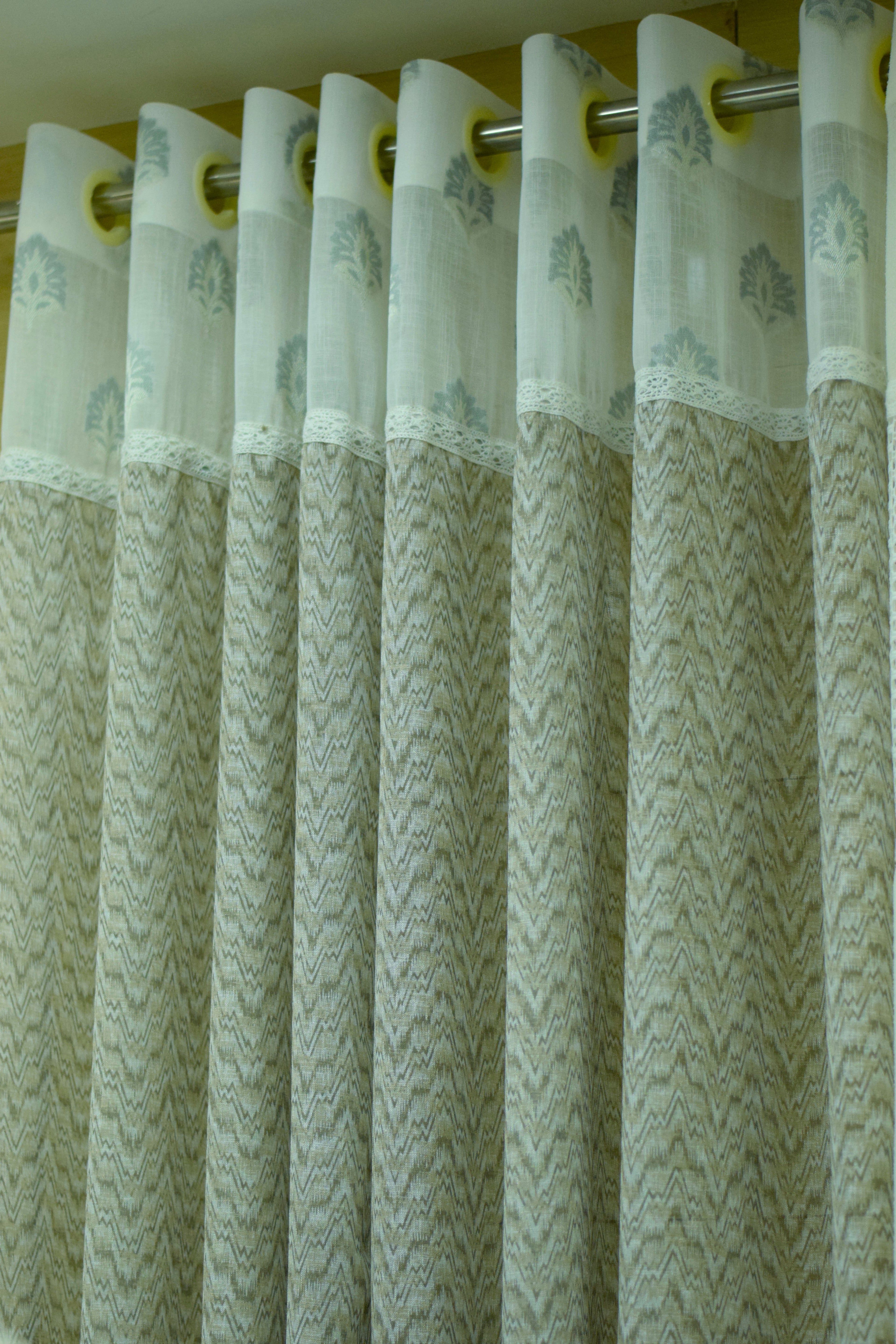 4x7 Semi Linen Door Curtain with Elegant Lace Border & Chevron Design – Single Panel