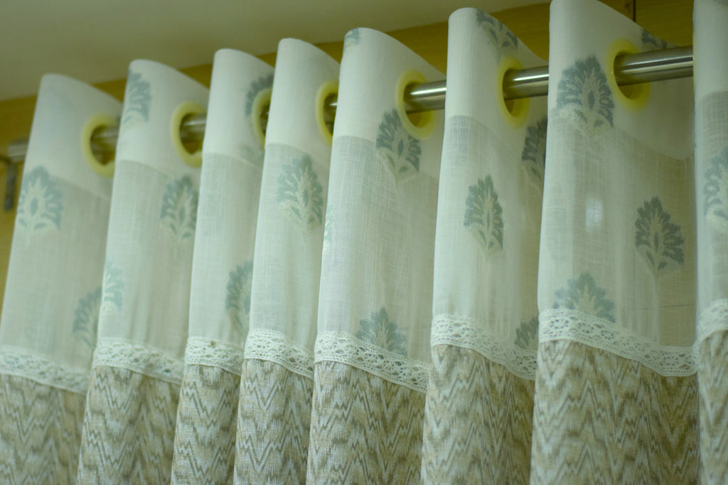 4x7 Semi Linen Door Curtain with Elegant Lace Border & Chevron Design – Single Panel