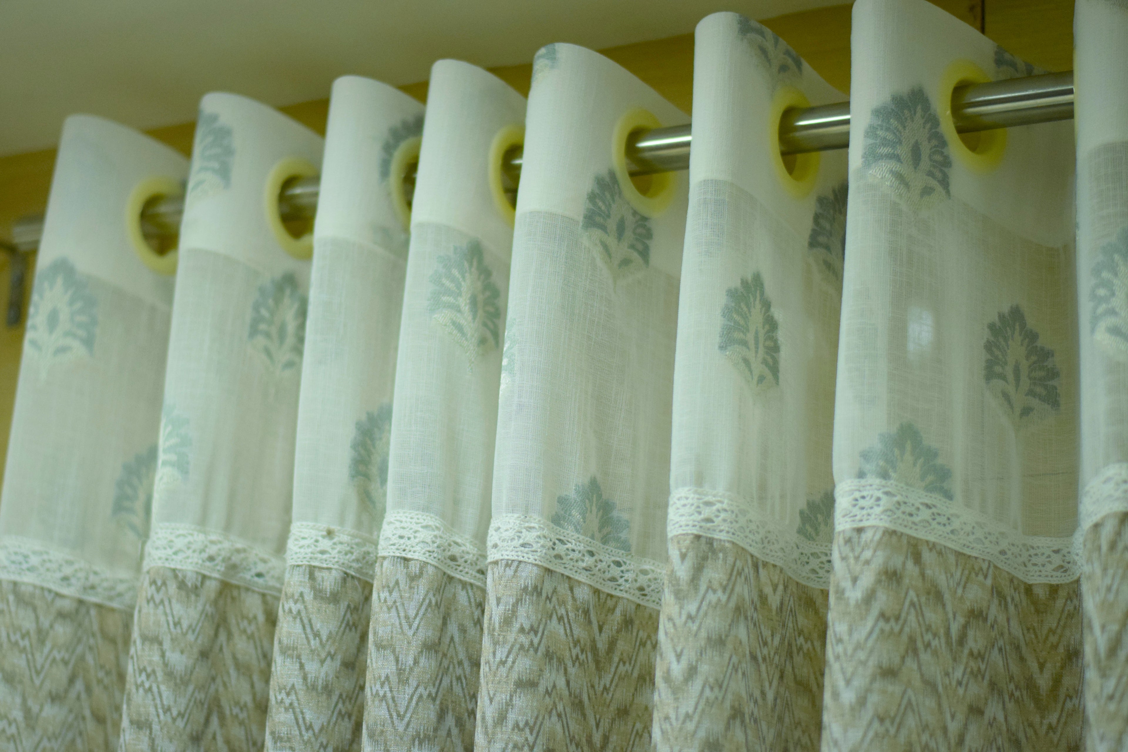 4x7 Semi Linen Door Curtain with Elegant Lace Border & Chevron Design – Single Panel