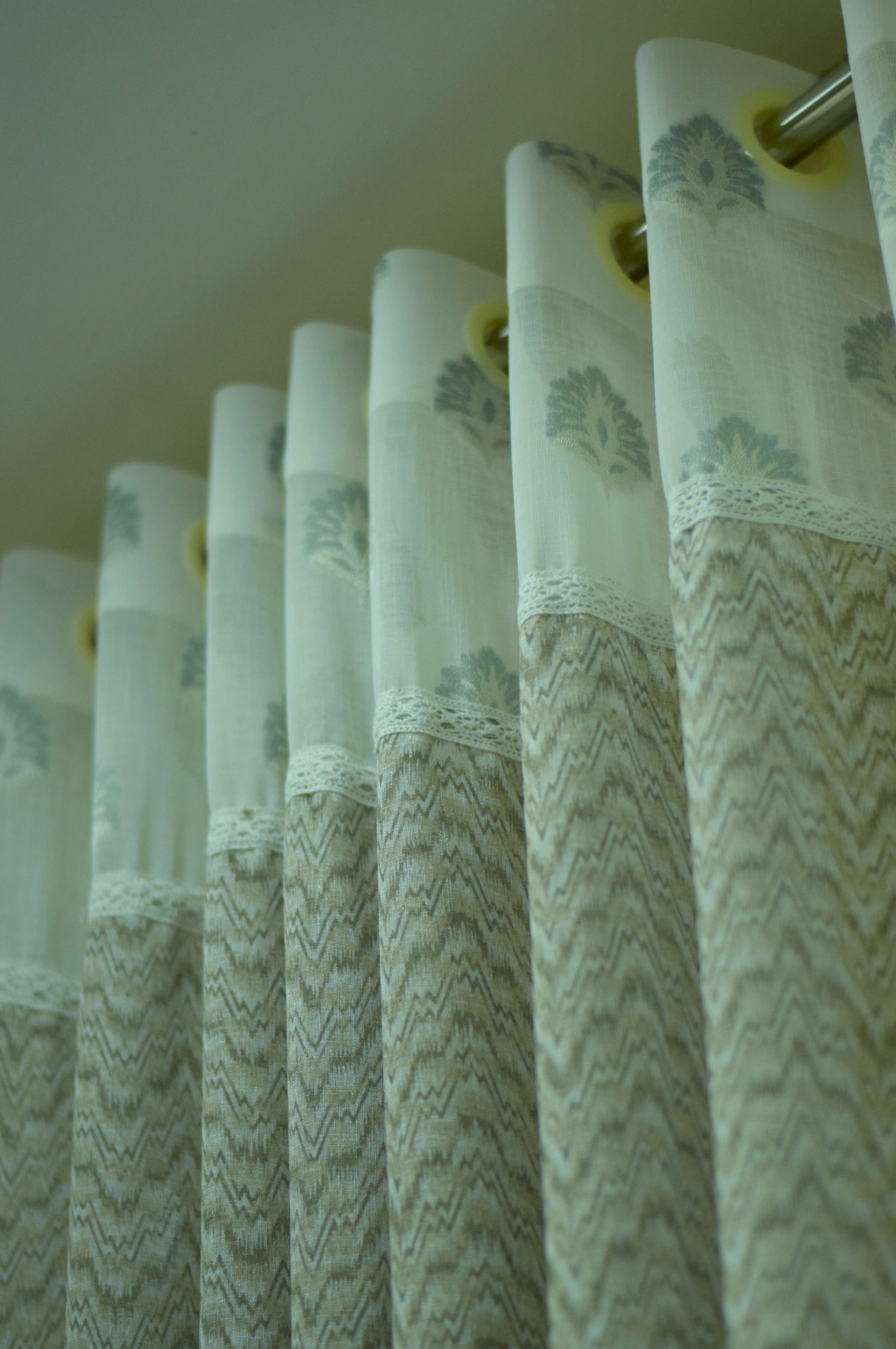 4x7 Semi Linen Door Curtain with Elegant Lace Border & Chevron Design – Single Panel