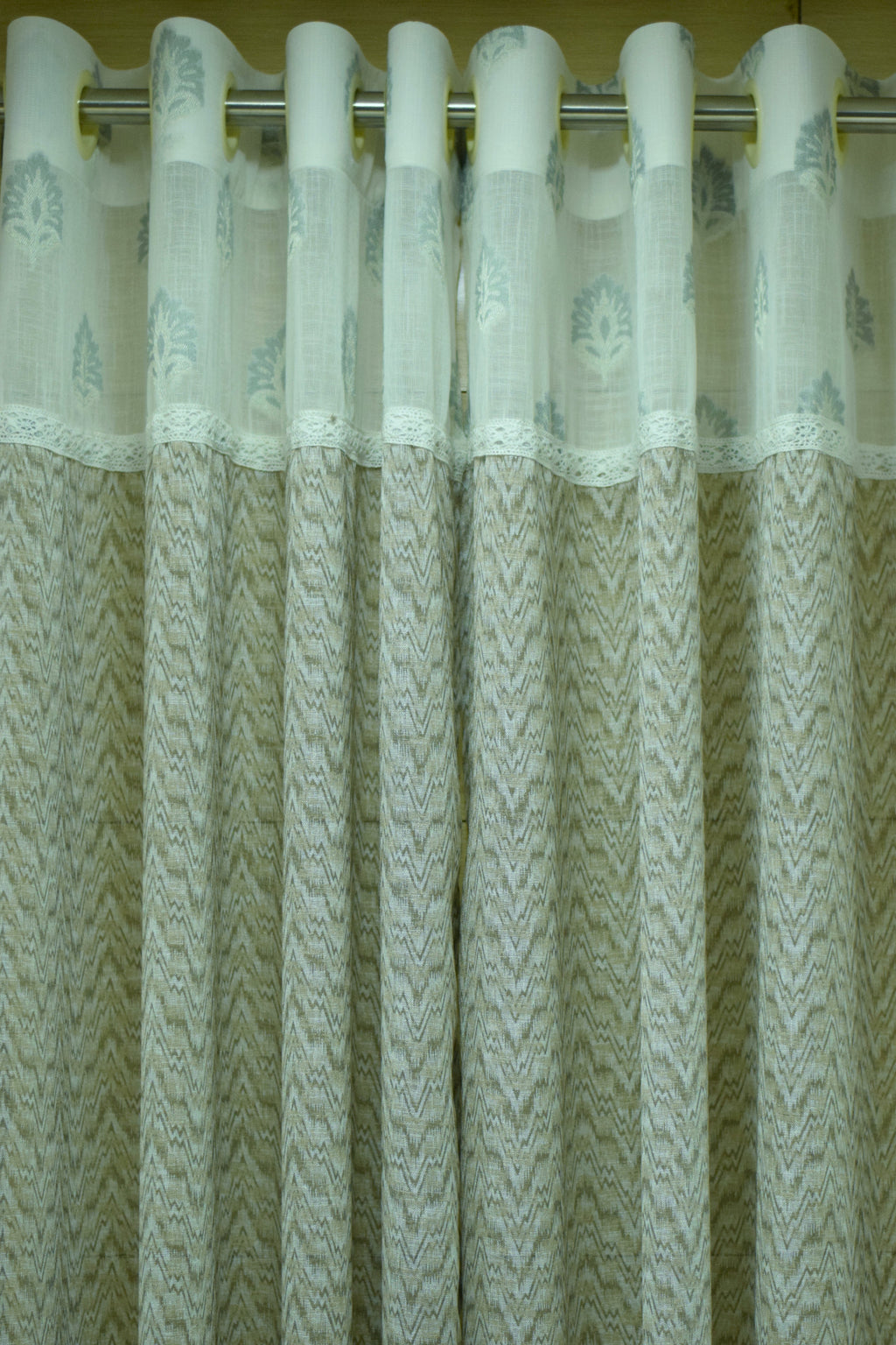4x7 Semi Linen Door Curtain with Elegant Lace Border & Chevron Design – Single Panel
