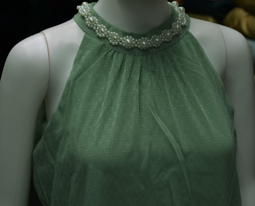 Imported Free Size Women's Tiered Frock Dress – Sage Green | Pearl Embellished Halter Neck | Elegant Party Wear