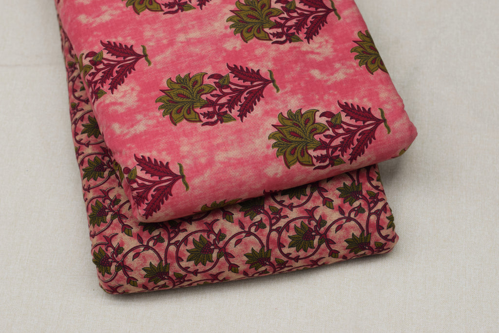 oft Cotton Printed Dress Material Set for Women – Pink Floral Print | Top 2.50 m & Bottom 2.00 m | Unstitched