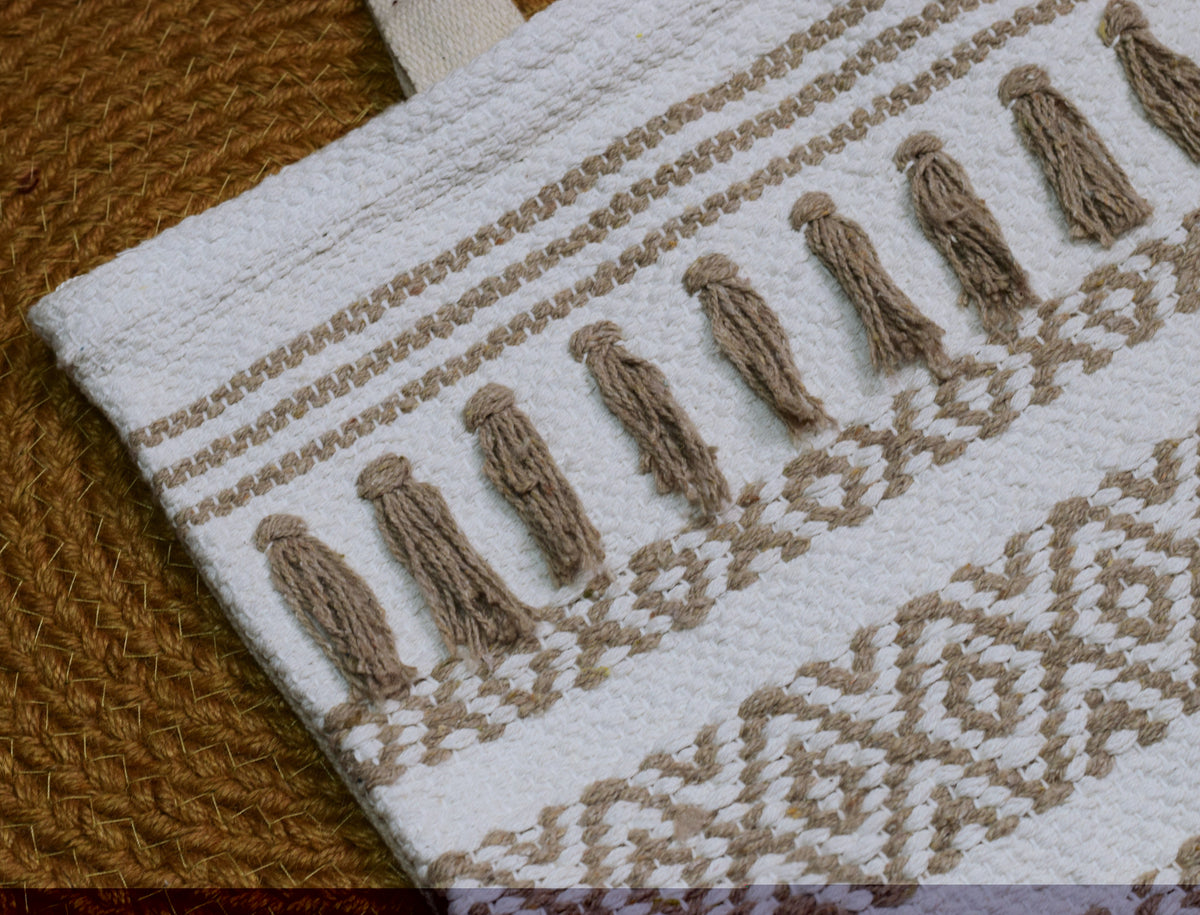 Off-White & Beige Jute Cotton Blend Shoulder Bag with Tassel Detailing – Nushio by Pulpel