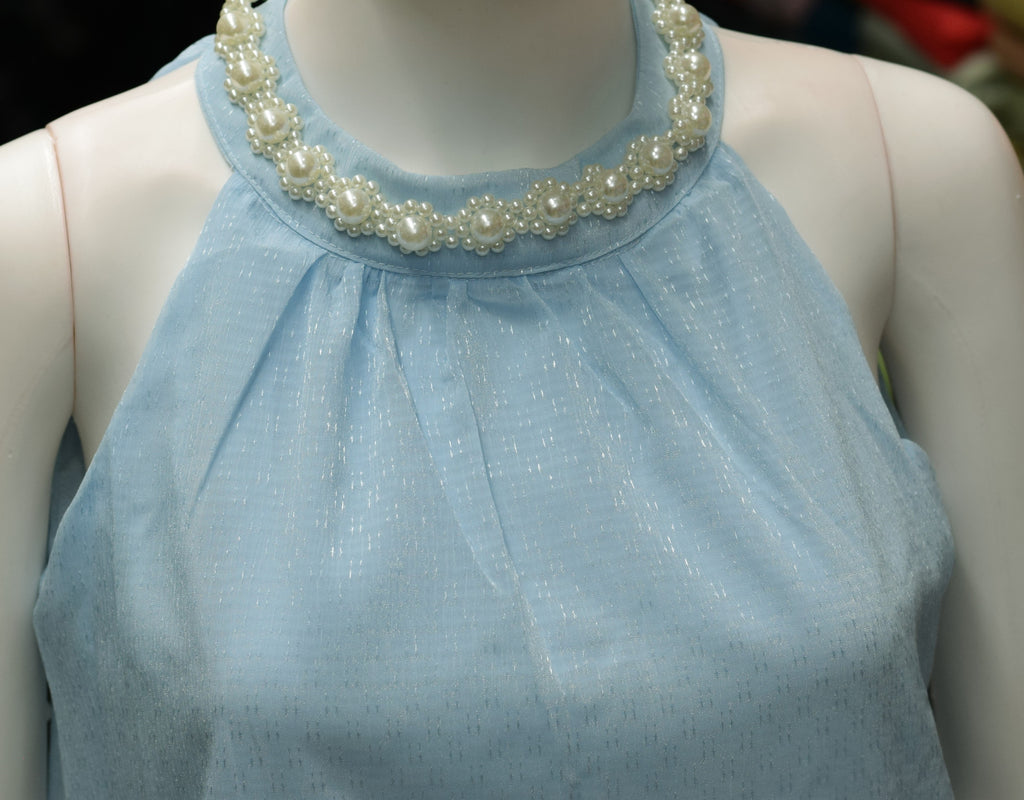 Imported Free Size Shimmer Tiered Midi Frock with Pearl Embellished Halter Neck – Sky Blue