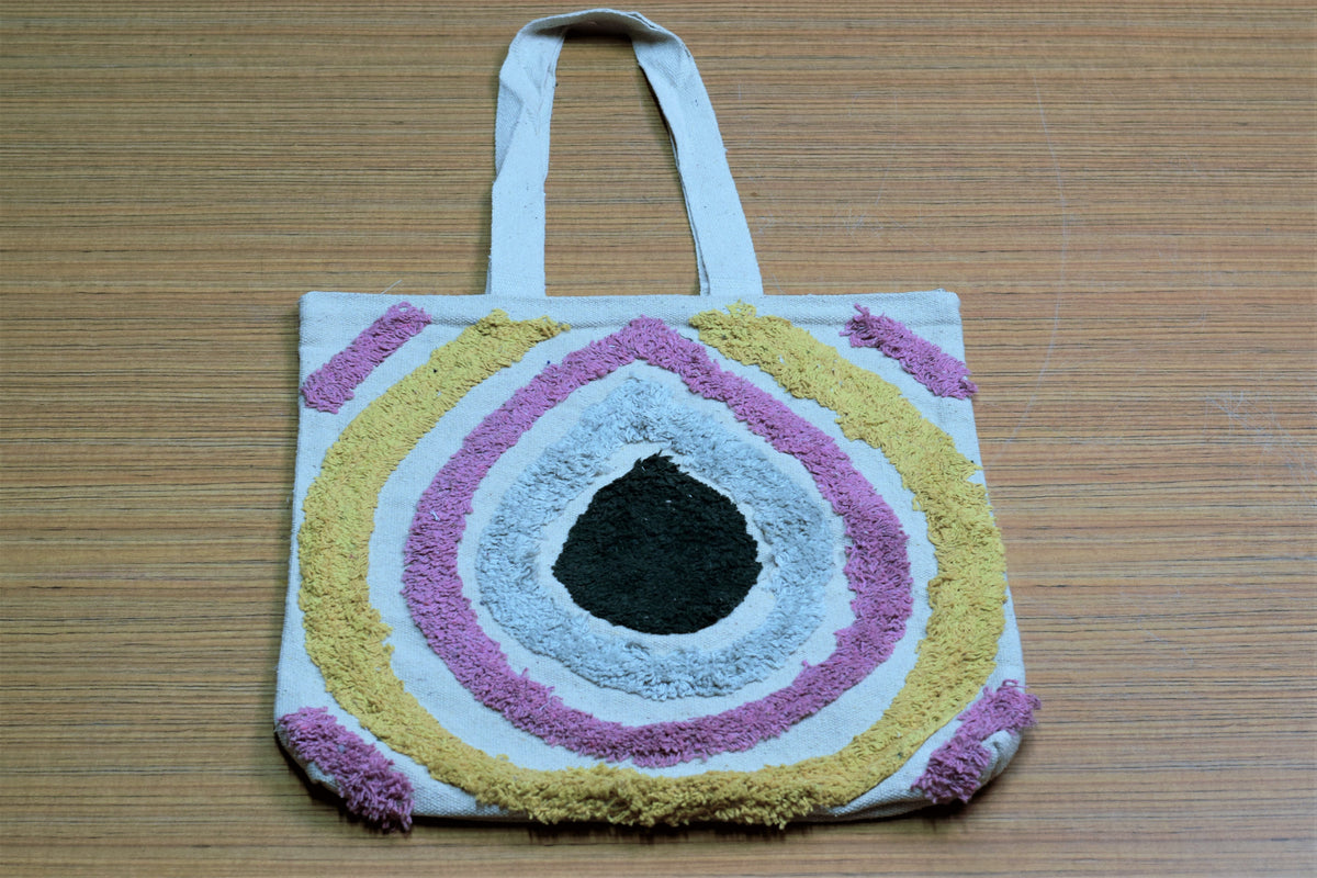 Tufted Abstract Arch Canvas Tote Bag – Off-White with Pastel Pink, Yellow & Dark Green Motif