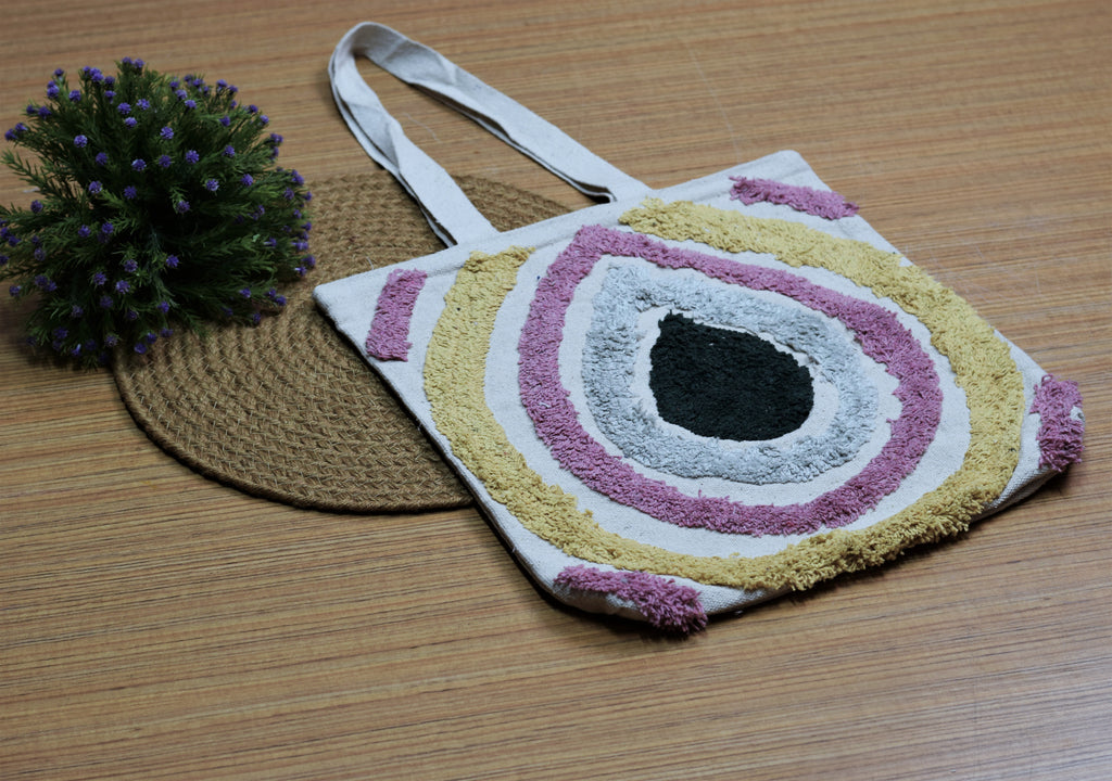 Tufted Abstract Arch Canvas Tote Bag – Off-White with Pastel Pink, Yellow & Dark Green Motif
