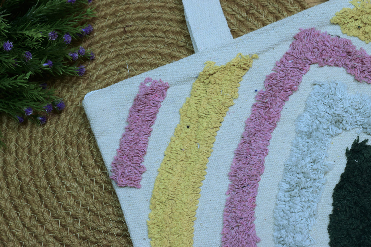 Tufted Abstract Arch Canvas Tote Bag – Off-White with Pastel Pink, Yellow & Dark Green Motif