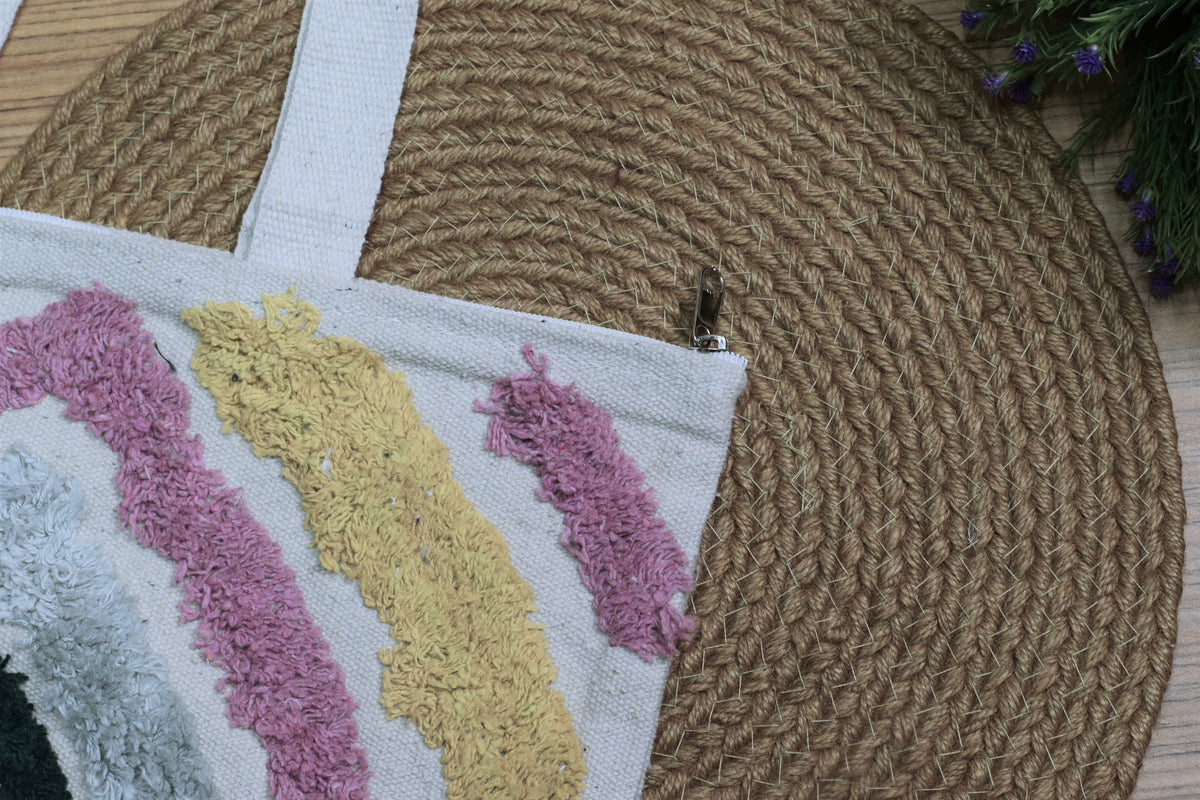 Tufted Abstract Arch Canvas Tote Bag – Off-White with Pastel Pink, Yellow & Dark Green Motif