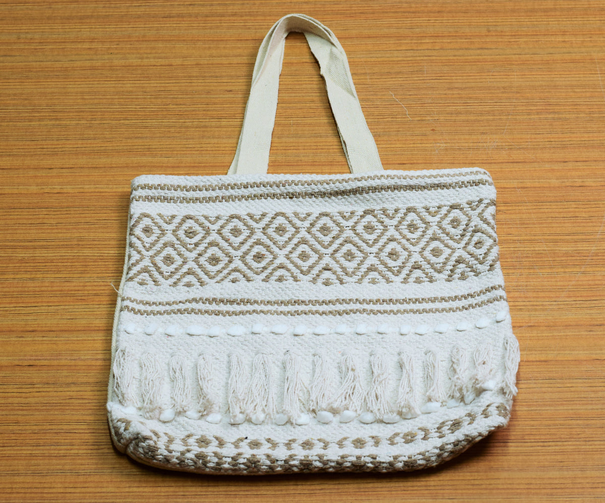 Off-White & Beige Jute Cotton Blend Shoulder Bag with Tassel Detailing – Nushio by Pulpel