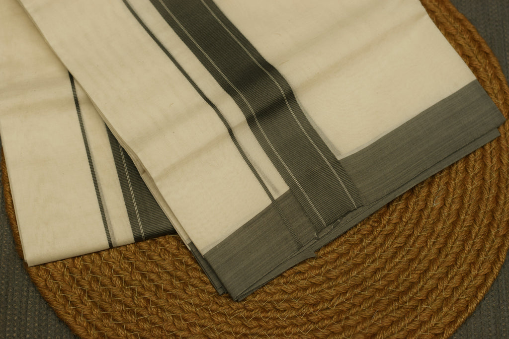 Traditional Kerala Kodi Mundu – Off White with Greenish Grey Thread Line Border | Premium Cotton Dhoti