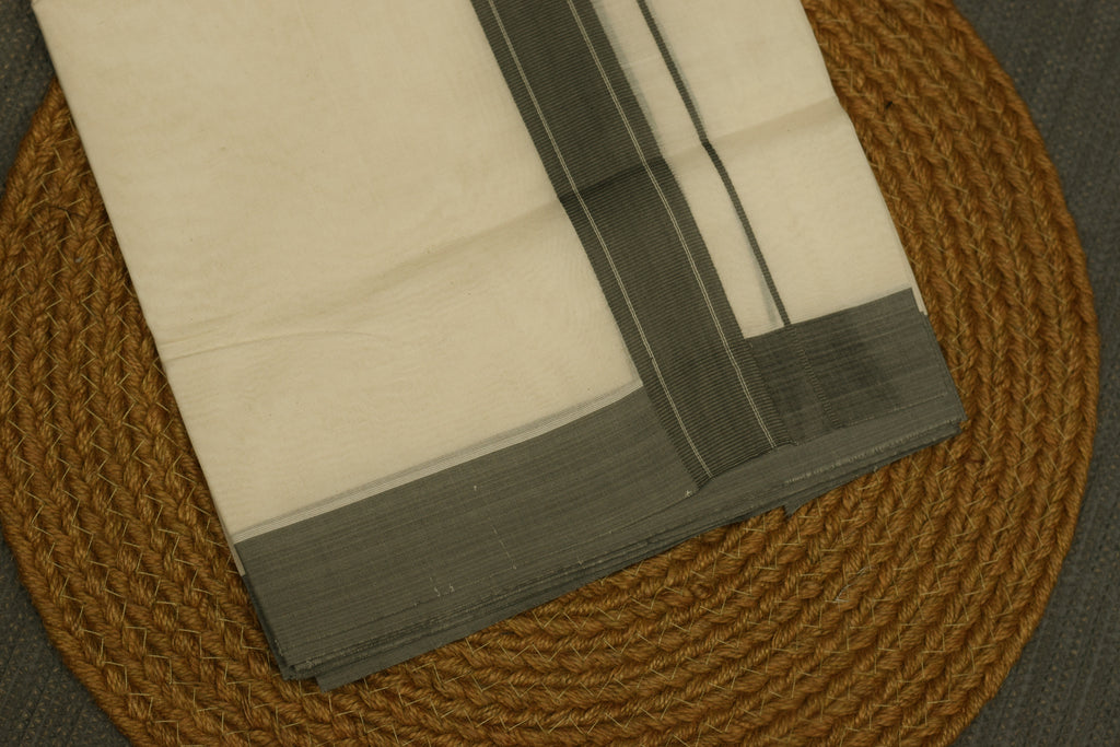 Traditional Kerala Kodi Mundu – Off White with Greenish Grey Thread Line Border | Premium Cotton Dhoti