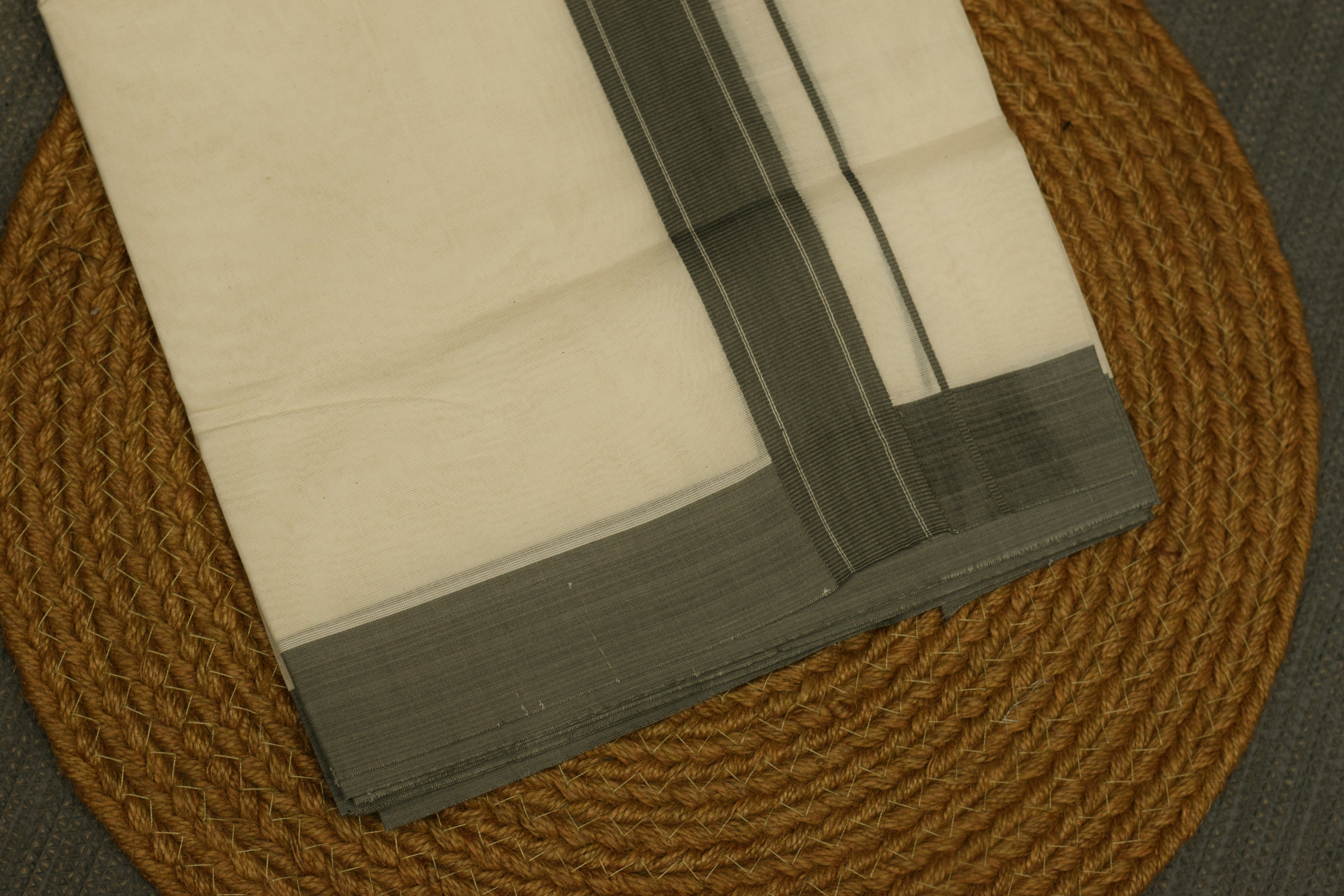 Traditional Kerala Kodi Mundu – Off White with Greenish Grey Thread Line Border | Premium Cotton Dhoti