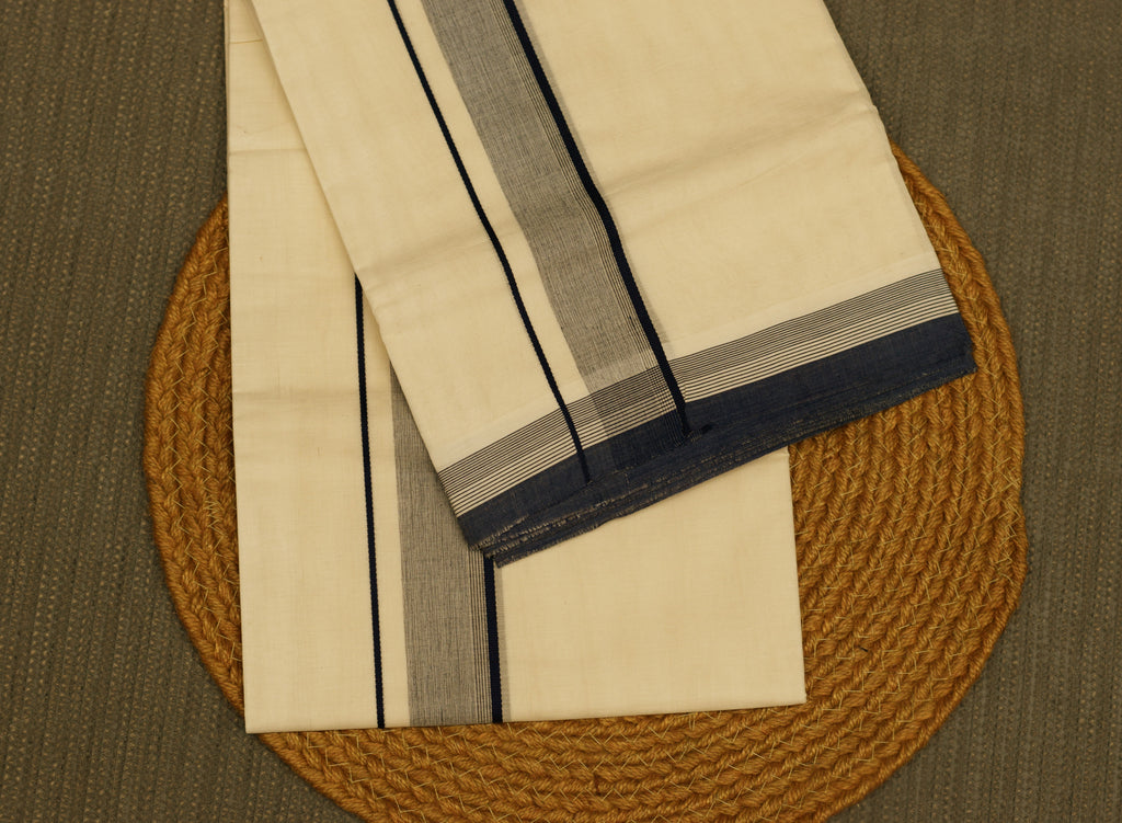Premium Kodi Double Mundu for Men – Traditional Kerala Cotton Dhoti with Navy Blue & Grey Border | Soft & Comfortable
