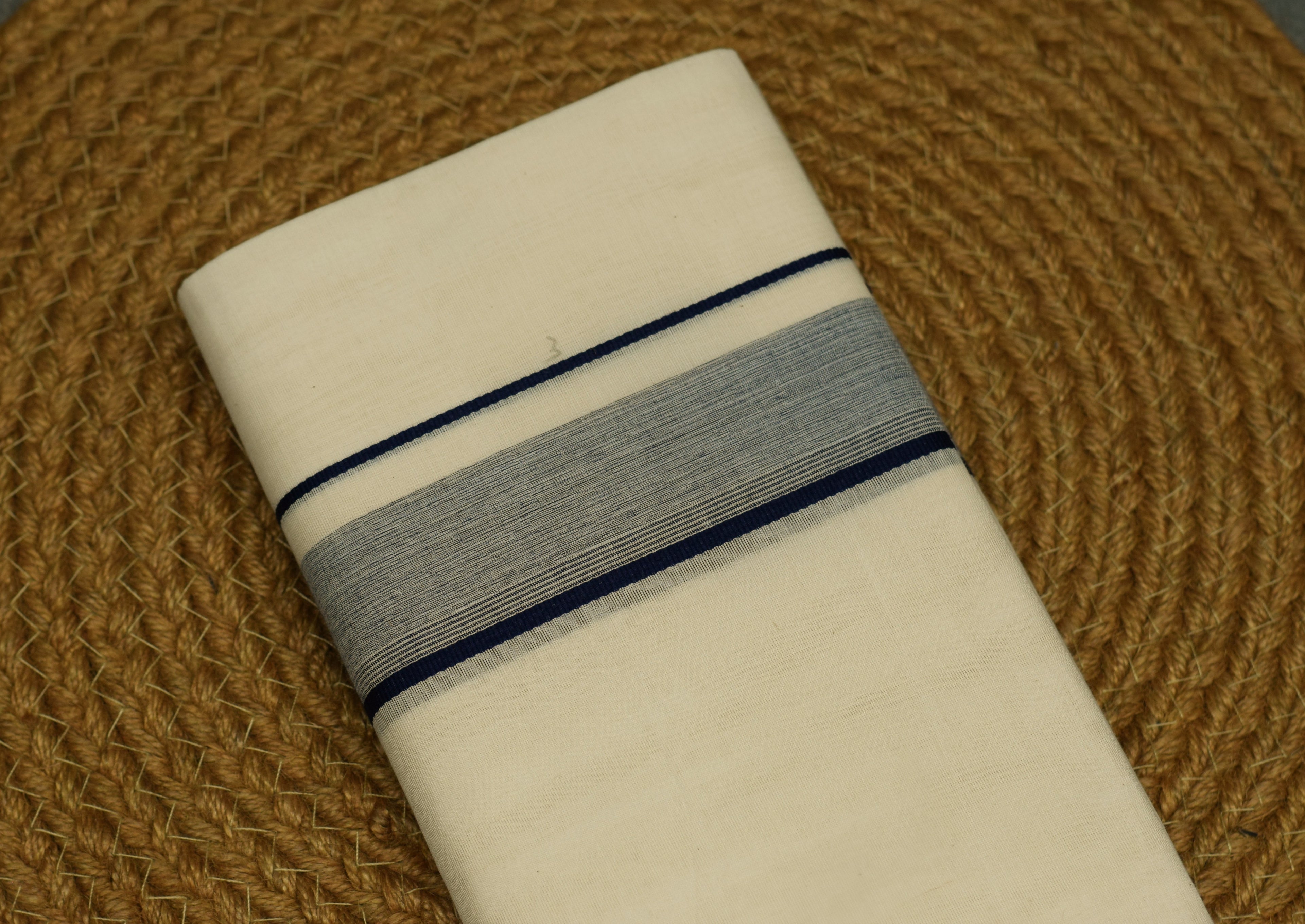 Premium Kodi Double Mundu for Men – Traditional Kerala Cotton Dhoti with Navy Blue & Grey Border | Soft & Comfortable