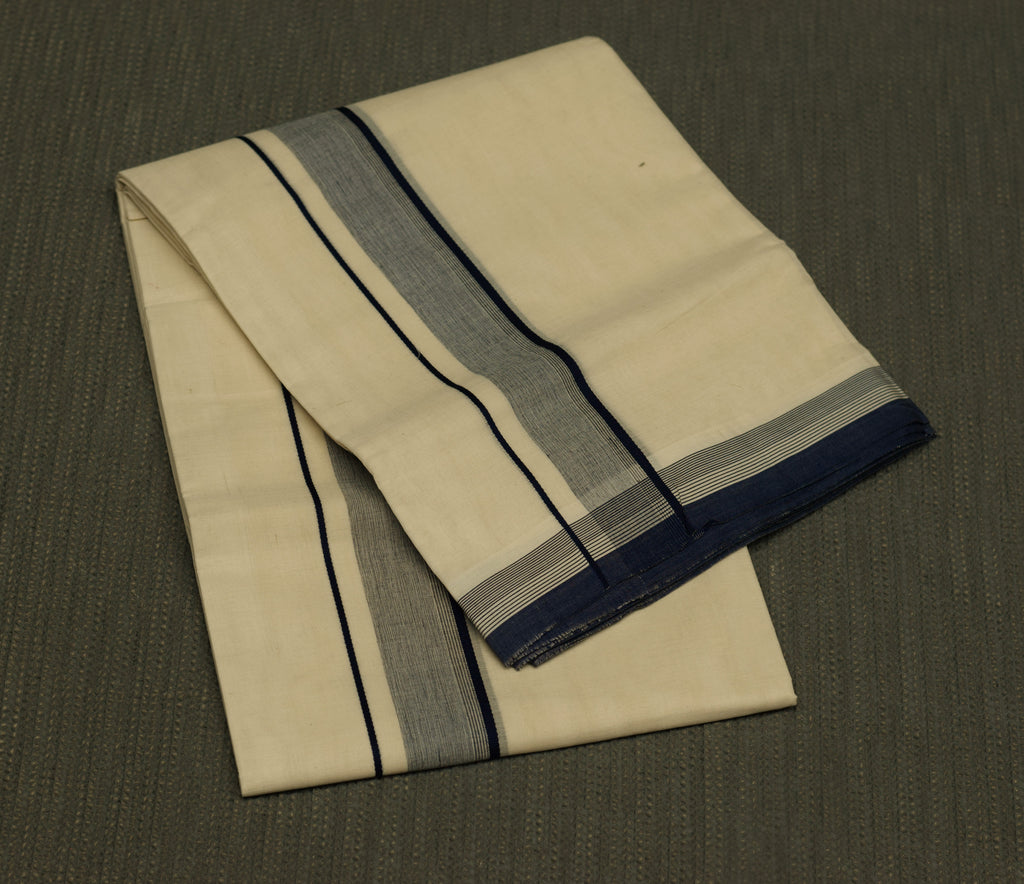 Premium Kodi Double Mundu for Men – Traditional Kerala Cotton Dhoti with Navy Blue & Grey Border | Soft & Comfortable