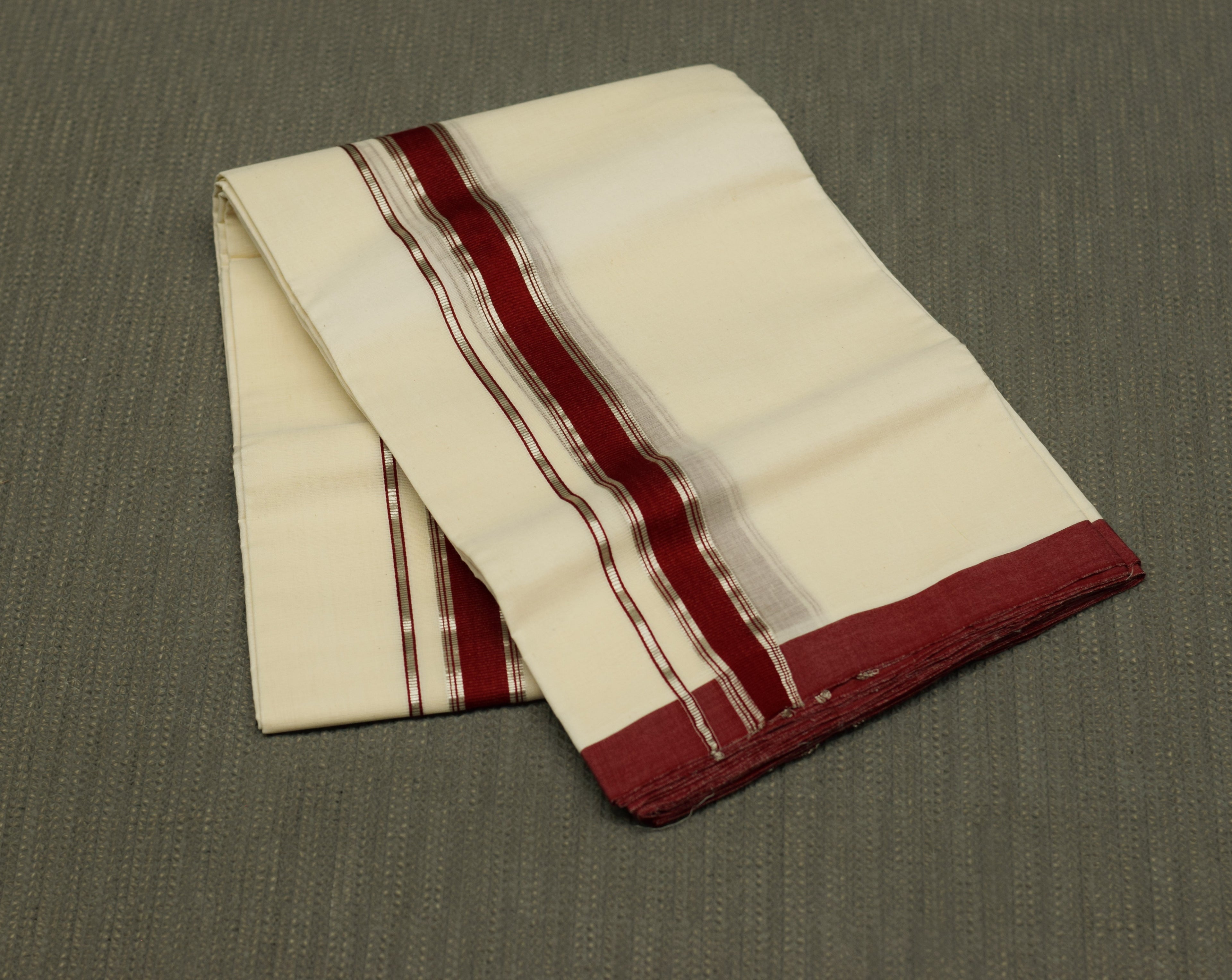 Premium Cotton Kodi Double Mundu with Maroon & Silver Kasavu Border | Traditional Kerala Men's Dhoti