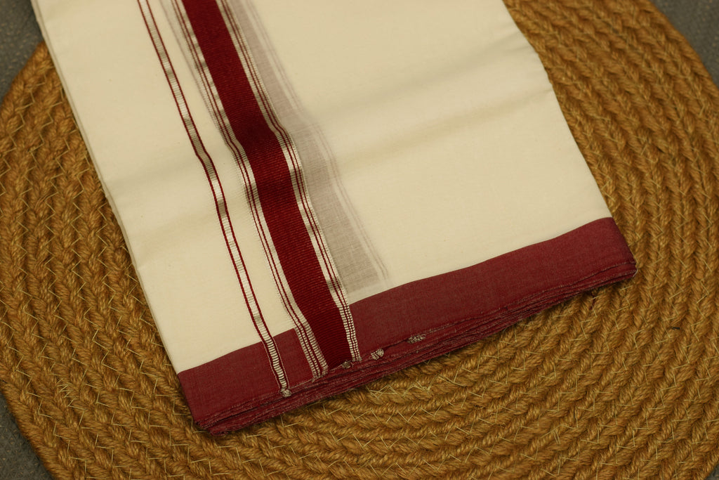 Premium Cotton Kodi Double Mundu with Maroon & Silver Kasavu Border | Traditional Kerala Men's Dhoti