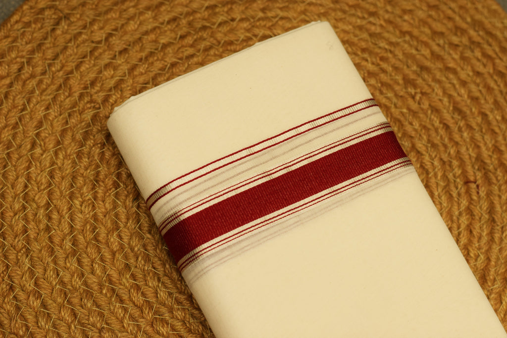 Premium Cotton Kodi Double Mundu with Maroon & Silver Kasavu Border | Traditional Kerala Men's Dhoti
