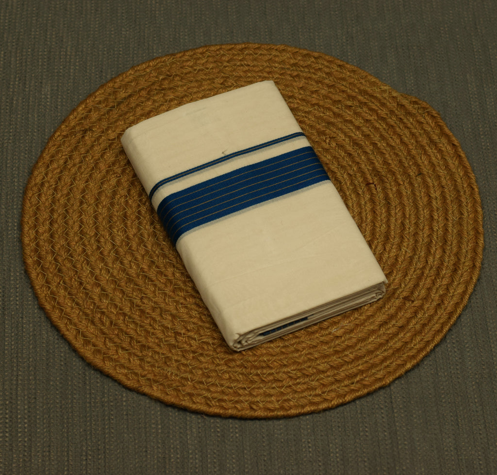 Traditional Kerala Kodi Double Mundu for Men –Off White Cotton Mundu with Royal Blue Kara Border | Premium Dhoti Set