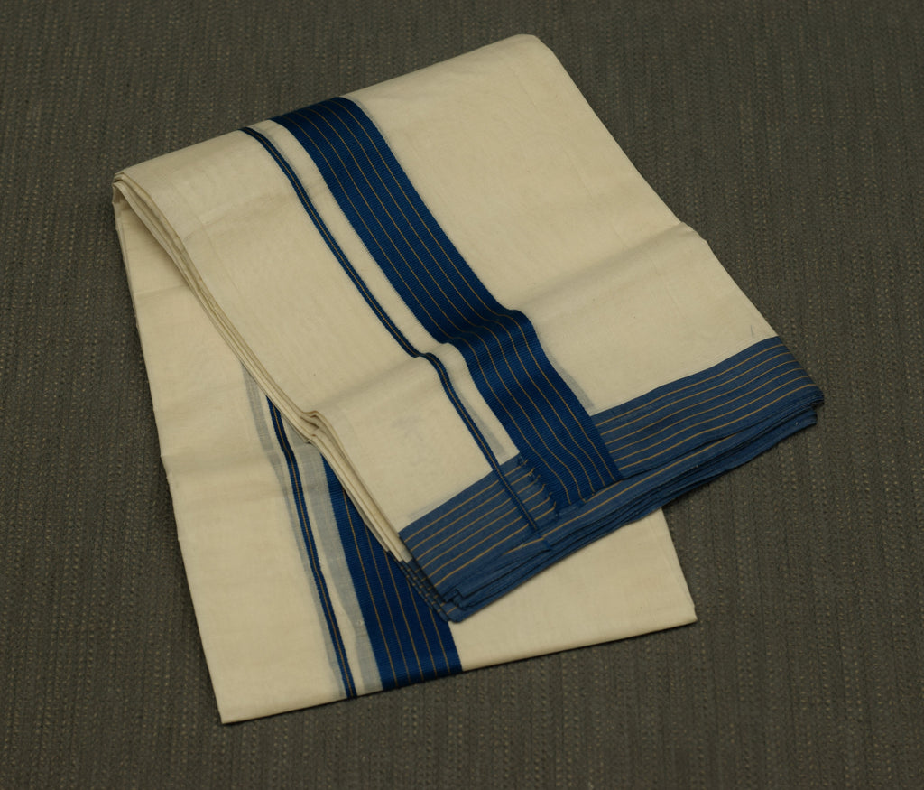 Traditional Kerala Kodi Double Mundu for Men –Off White Cotton Mundu with Royal Blue Kara Border | Premium Dhoti Set