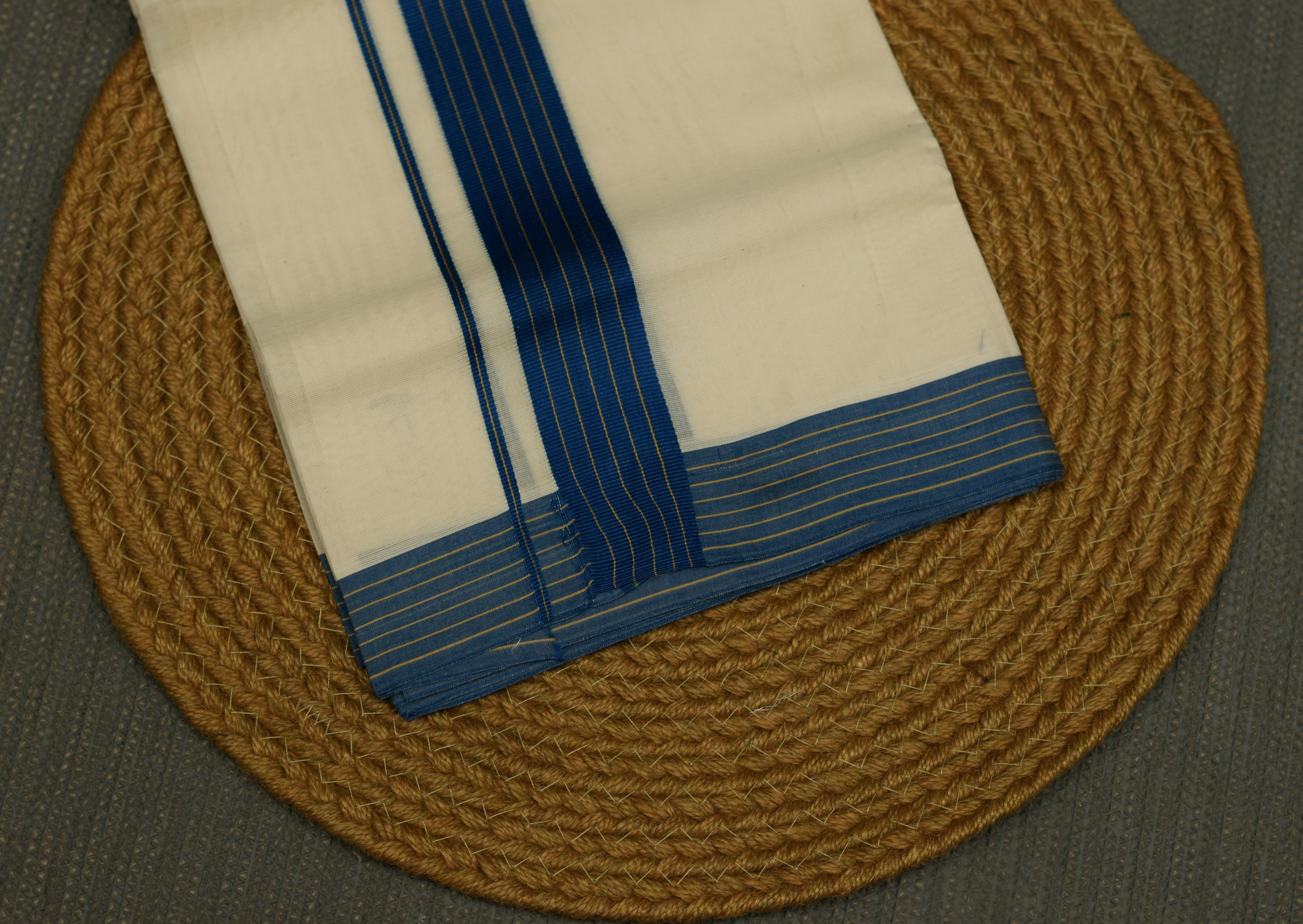 Traditional Kerala Kodi Double Mundu for Men –Off White Cotton Mundu with Royal Blue Kara Border | Premium Dhoti Set