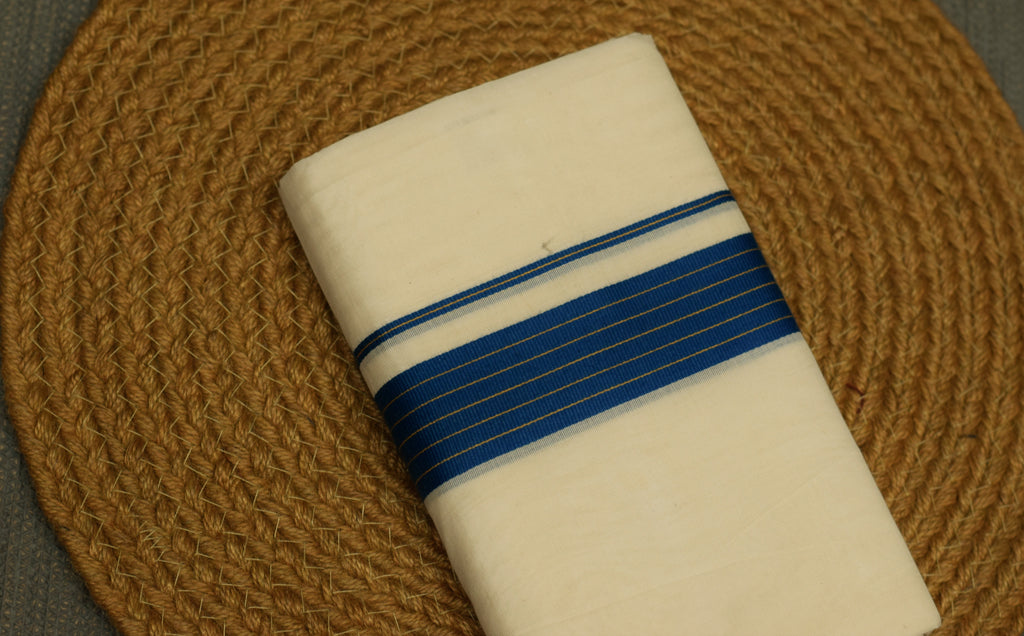 Traditional Kerala Kodi Double Mundu for Men –Off White Cotton Mundu with Royal Blue Kara Border | Premium Dhoti Set