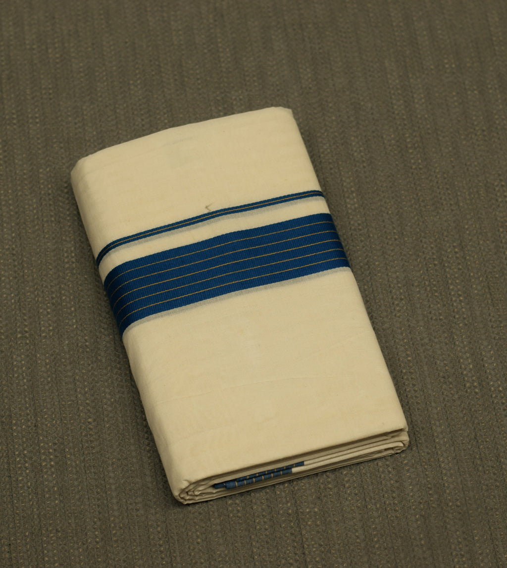 Traditional Kerala Kodi Double Mundu for Men –Off White Cotton Mundu with Royal Blue Kara Border | Premium Dhoti Set