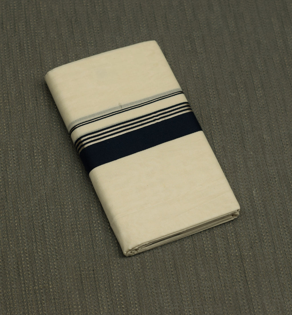 Men's Traditional Kerala Kodi Double Mundu – Off White with Navy Blue & Silver Kasavu Border | Premium Cotton Dhoti