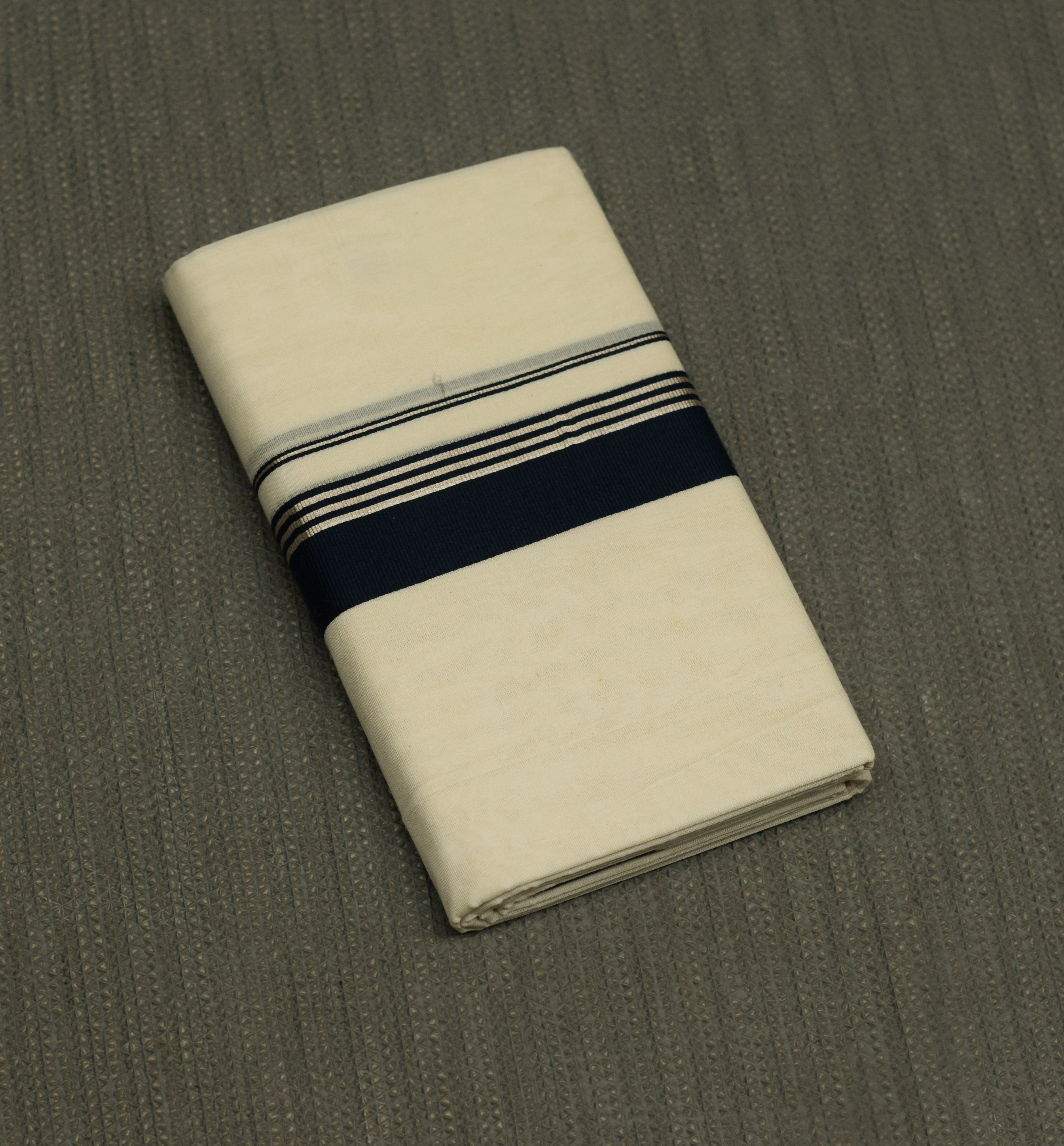 Men's Traditional Kerala Kodi Double Mundu – Off White with Navy Blue & Silver Kasavu Border | Premium Cotton Dhoti