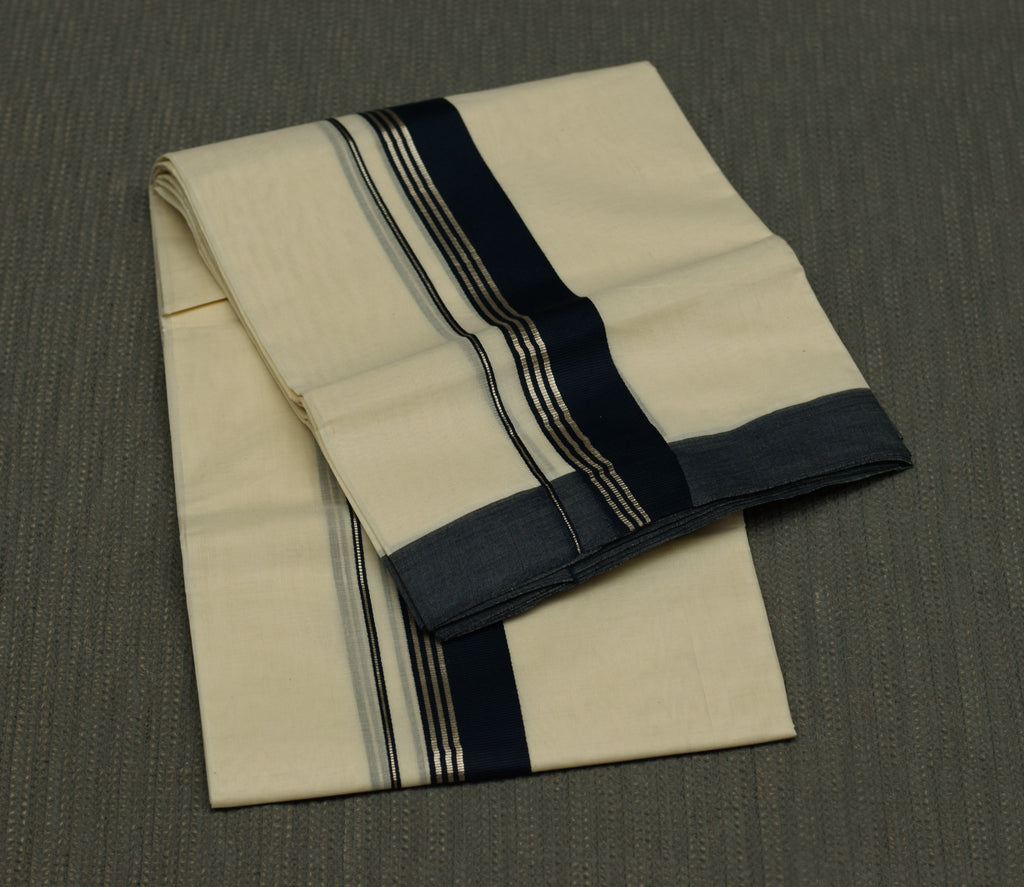 Men's Traditional Kerala Kodi Double Mundu – Off White with Navy Blue & Silver Kasavu Border | Premium Cotton Dhoti