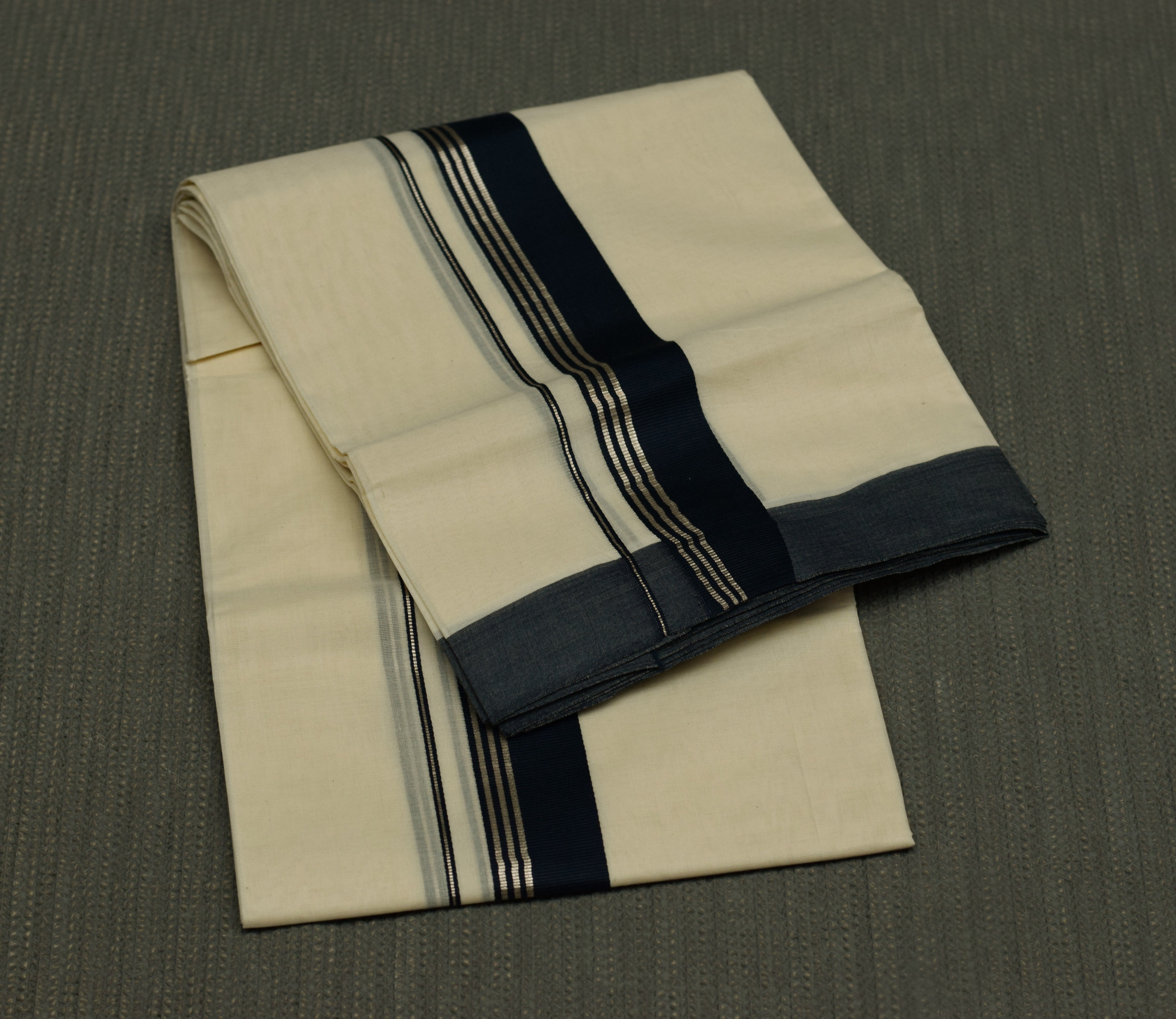 Men's Traditional Kerala Kodi Double Mundu – Off White with Navy Blue & Silver Kasavu Border | Premium Cotton Dhoti