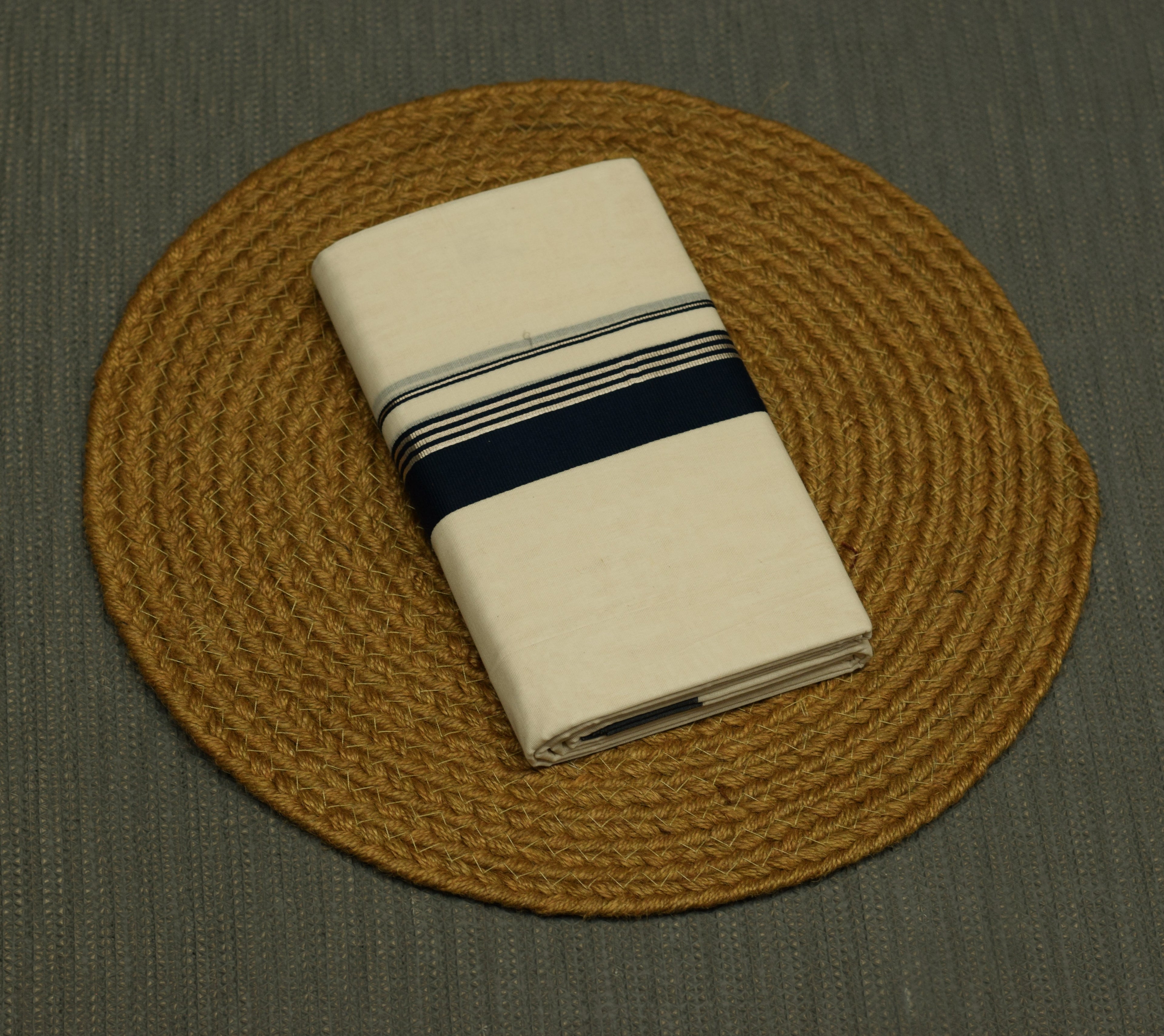 Men's Traditional Kerala Kodi Double Mundu – Off White with Navy Blue & Silver Kasavu Border | Premium Cotton Dhoti